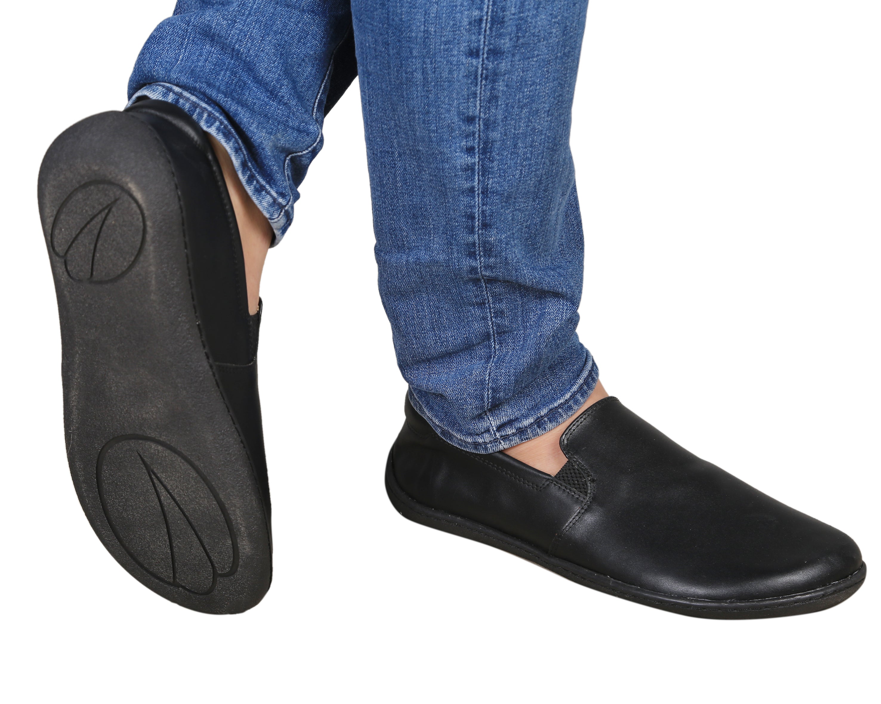 Black Slip-On Wide Barefoot Shoes Smooth Leather Handmade 6mm Rubber Outsole Slip-On Rubber Outsole