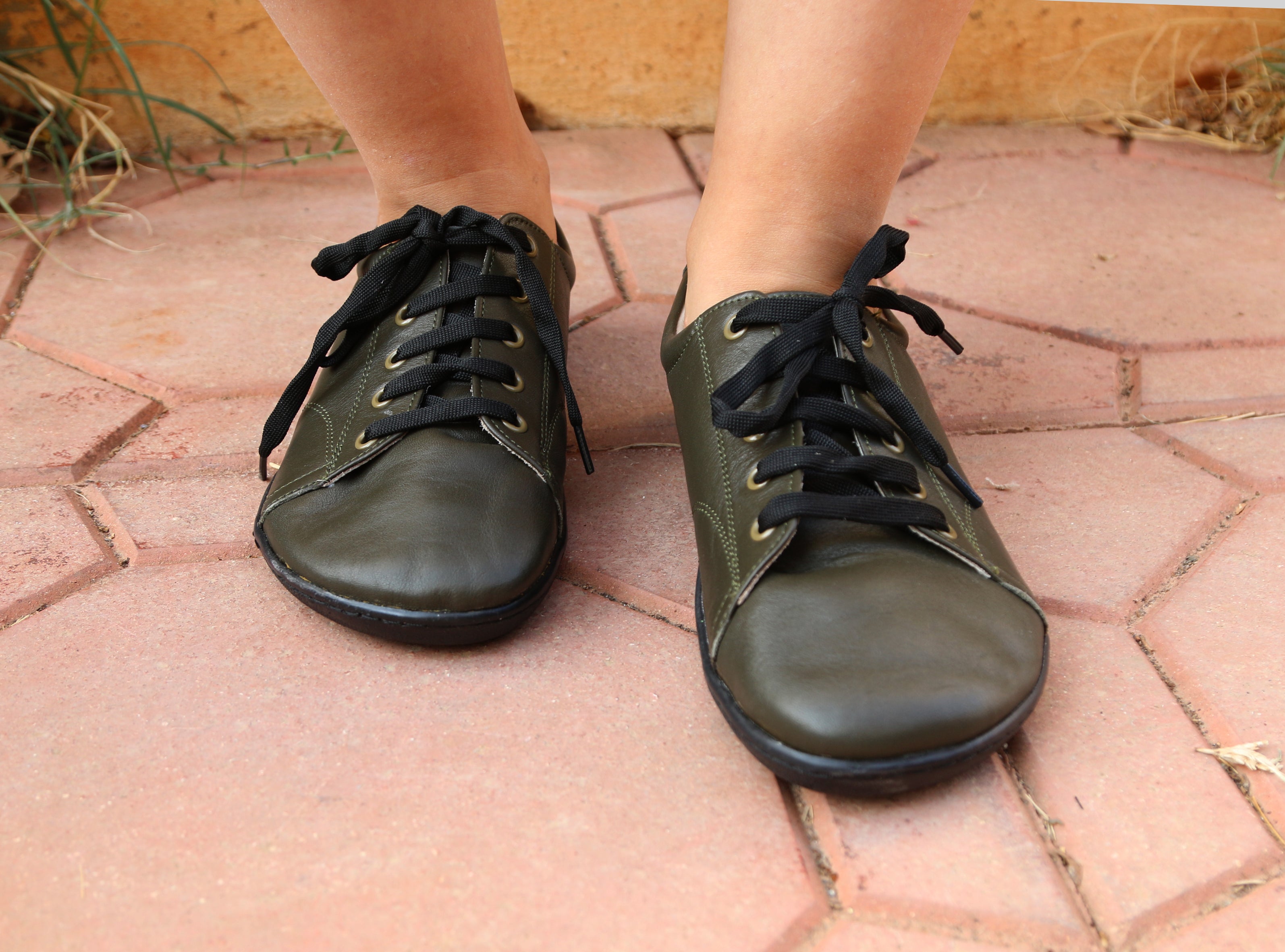 Green SNEAKER Wide Barefoot Shoes Smooth Leather Handmade 6mm Rubber Outsole