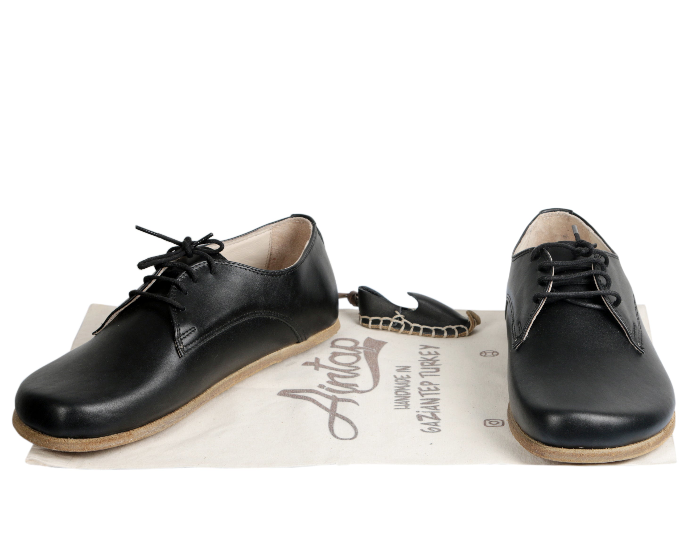 Black Oxford Wide Barefoot Smooth Leather Handmade Classic Shoes Oxford Leather Outsole