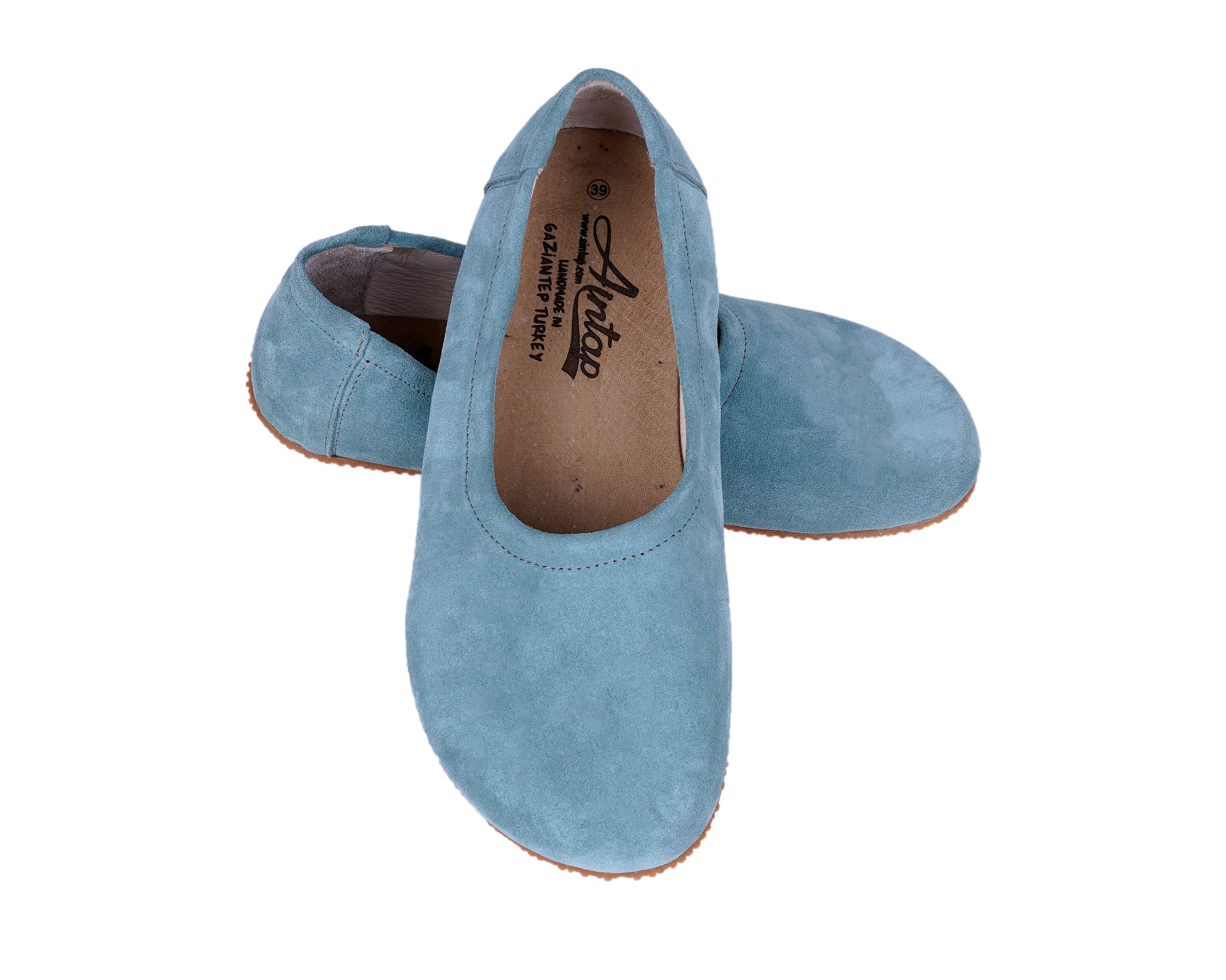 Sea Blue Women Flat Ballets Wide Barefoot Suede Leather Handmade Women Flat Ballets