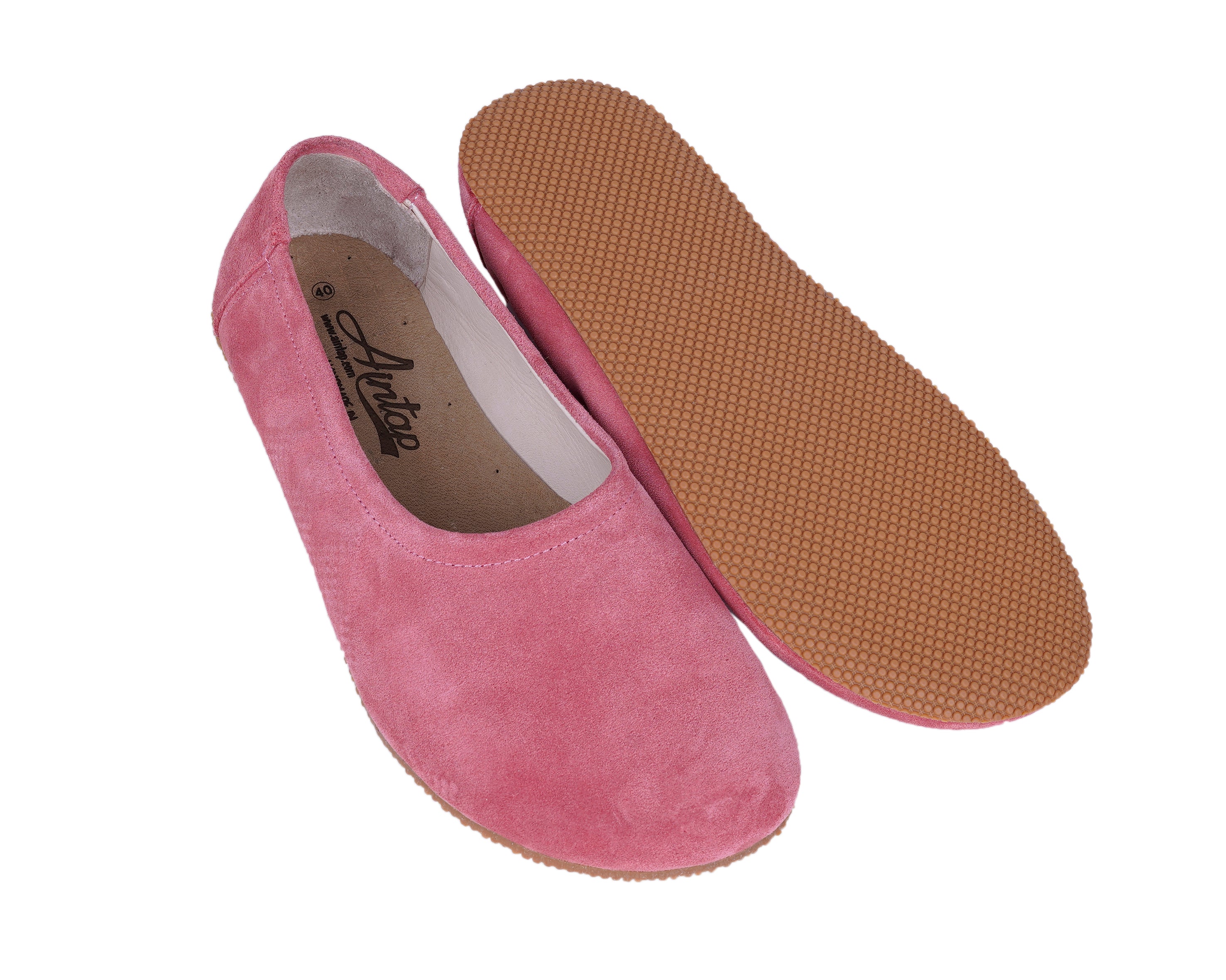 Pink Women Flat Ballets Wide Barefoot Suede Leather Handmade Women Flat Ballets