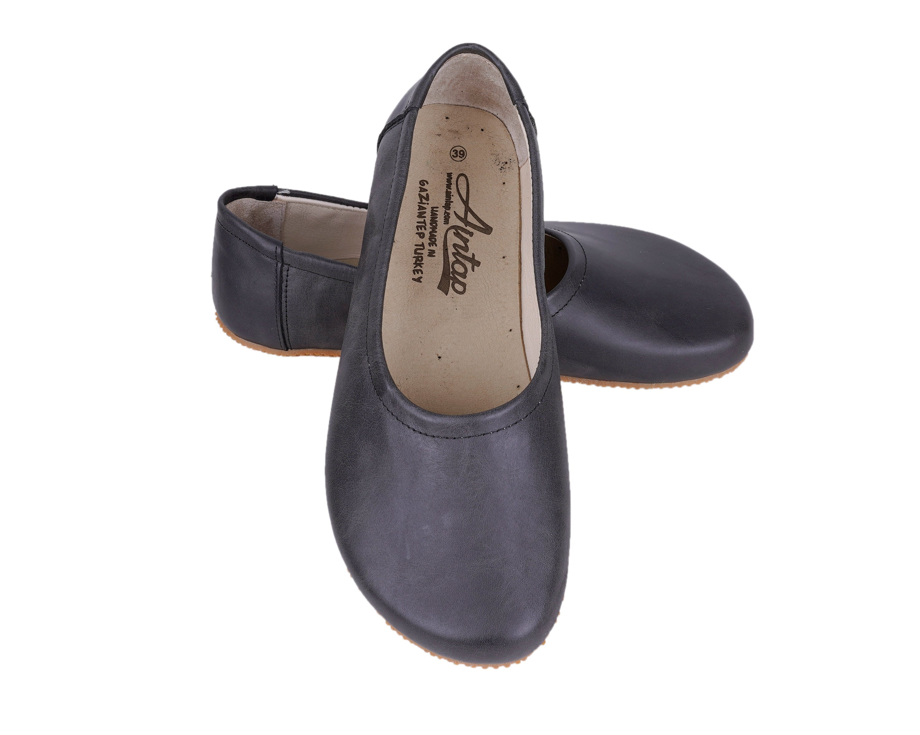 Asphalt Black Women Flat Ballets Wide Barefoot Crazy Leather Handmade Women Flat Ballets