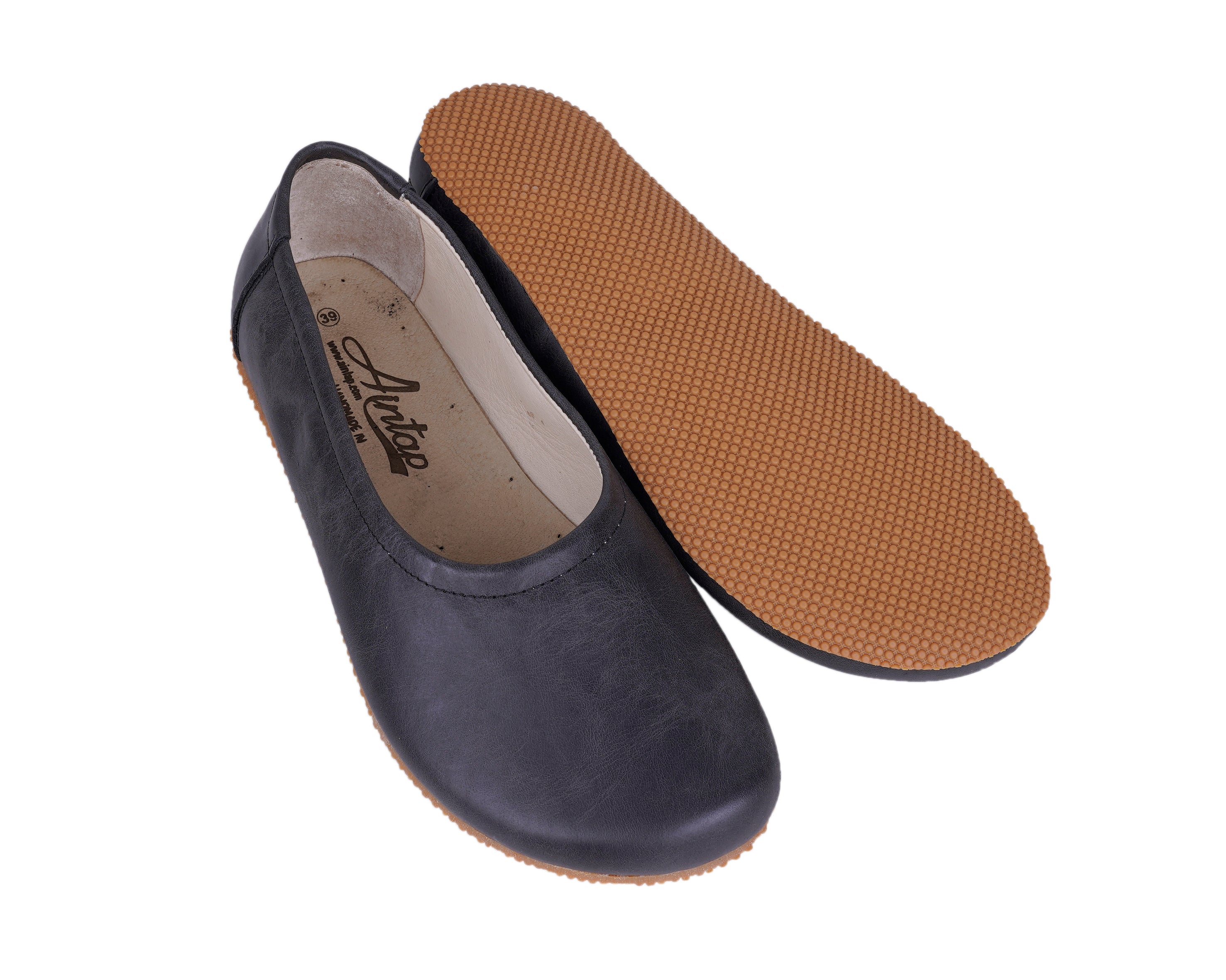 Asphalt Black Women Flat Ballets Wide Barefoot Crazy Leather Handmade Women Flat Ballets