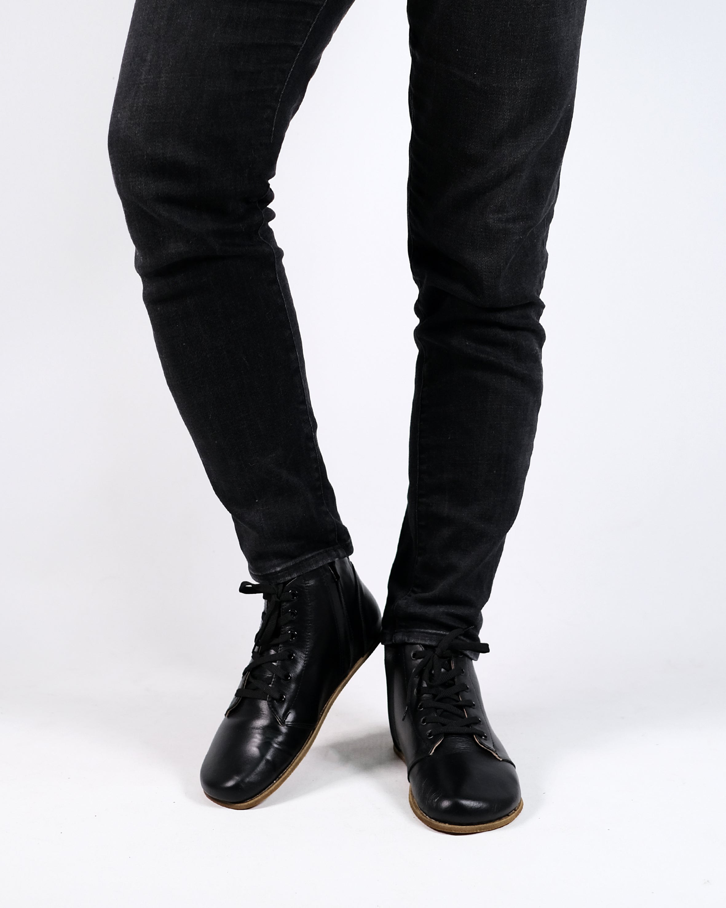 Black Short Boots Wide Barefoot Smooth Leather Handmade Shoes Short Boots Leather Outsole