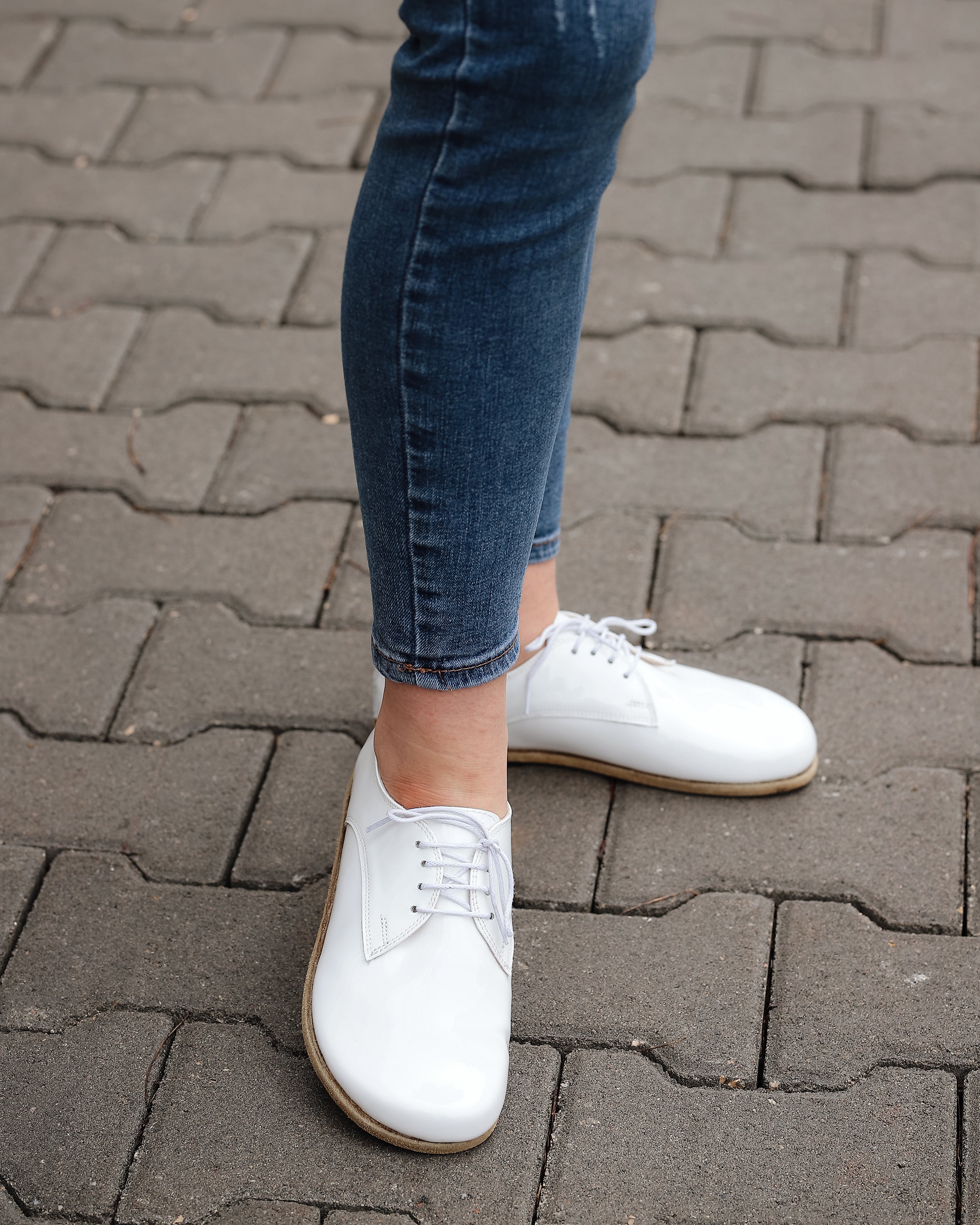 White Oxford Wide Barefoot Patent Leather Handmade Shoes Oxford Leather Outsole