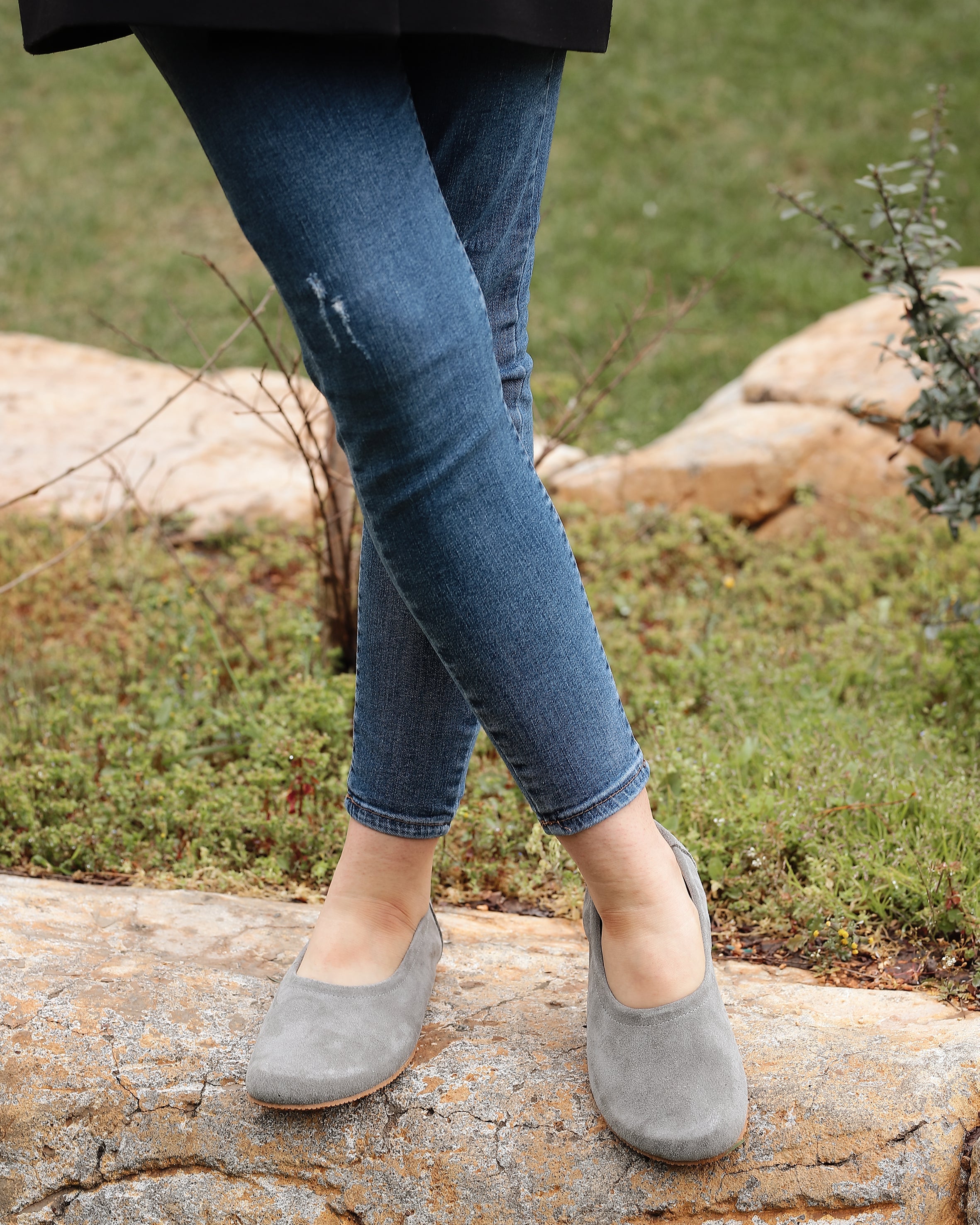 Gray Women Flat Ballets Wide Barefoot Suede Leather Handmade Women Flat Ballets