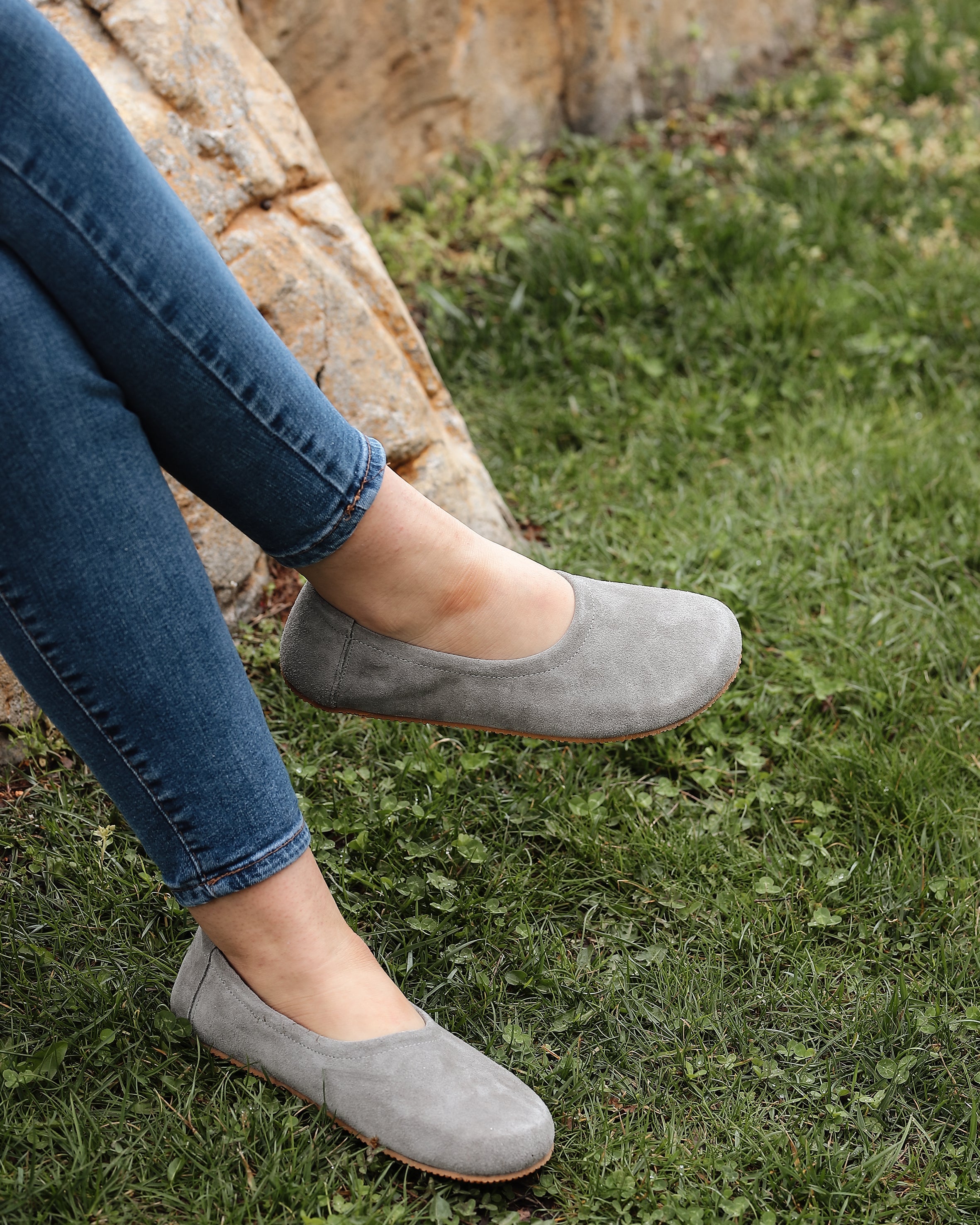 Gray Women Flat Ballets Wide Barefoot Suede Leather Handmade Women Flat Ballets