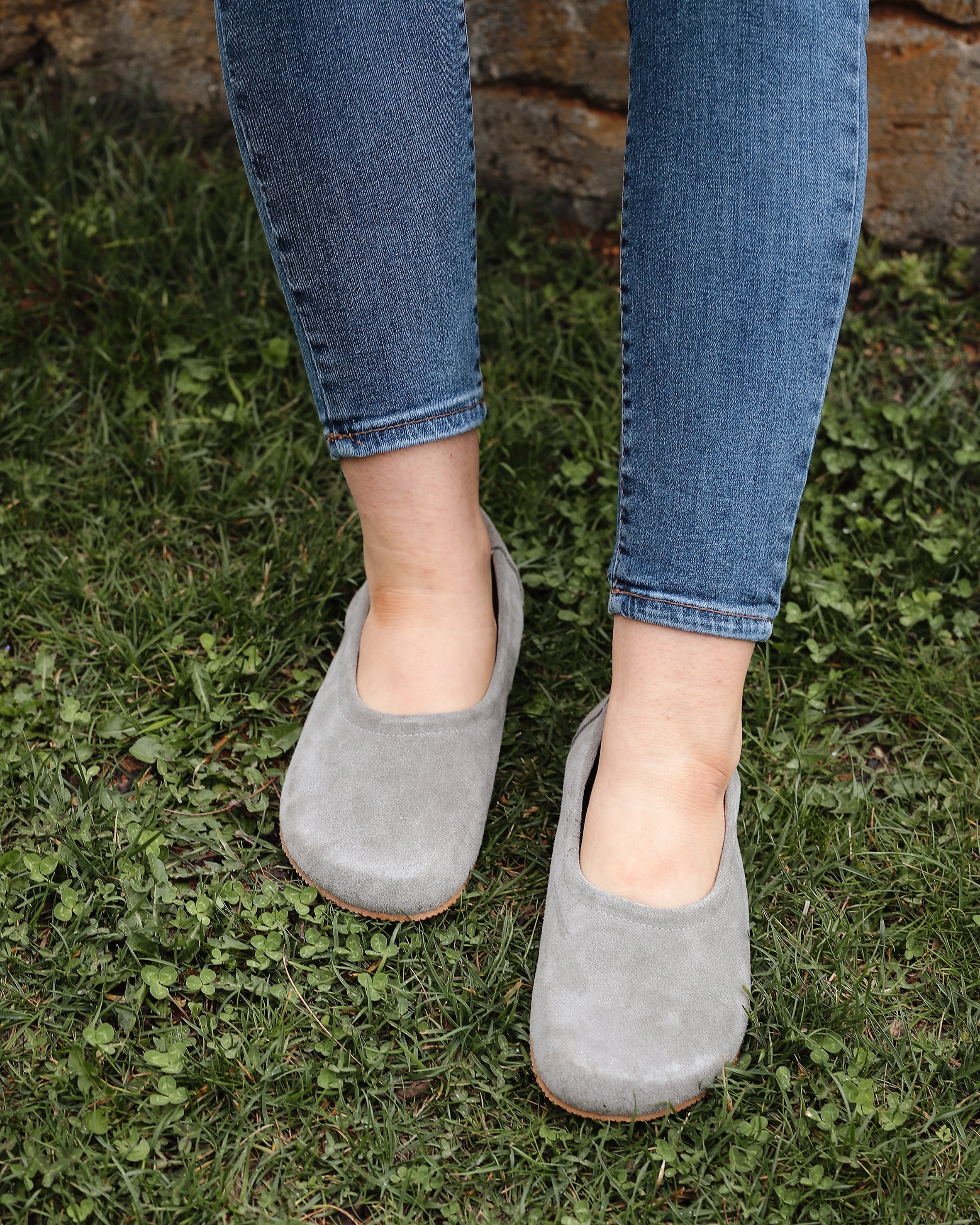 Gray Women Flat Ballets Wide Barefoot Suede Leather Handmade Women Flat Ballets