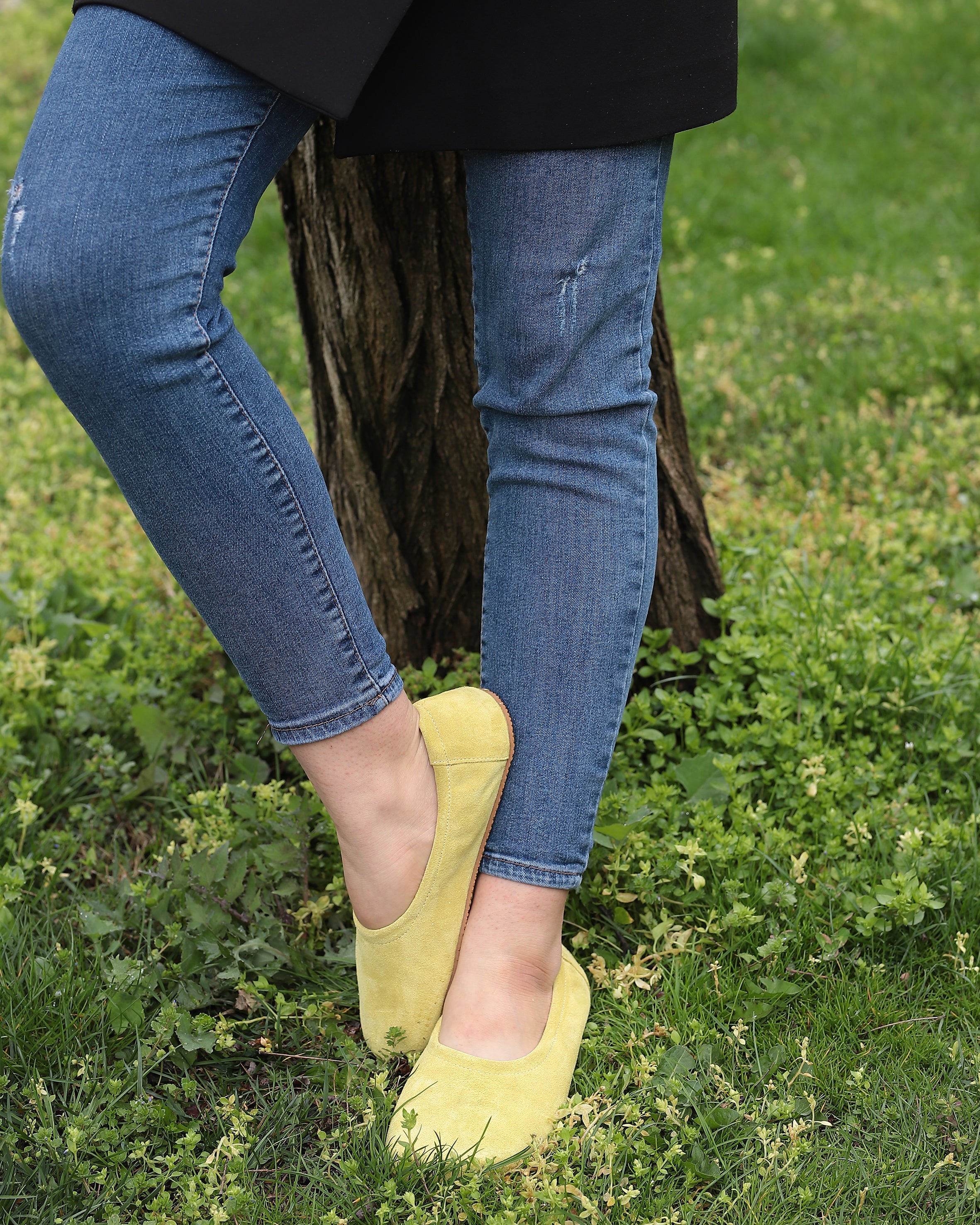 Yellow Women Flat Ballets Wide Barefoot Suede Leather Handmade Women Flat Ballets