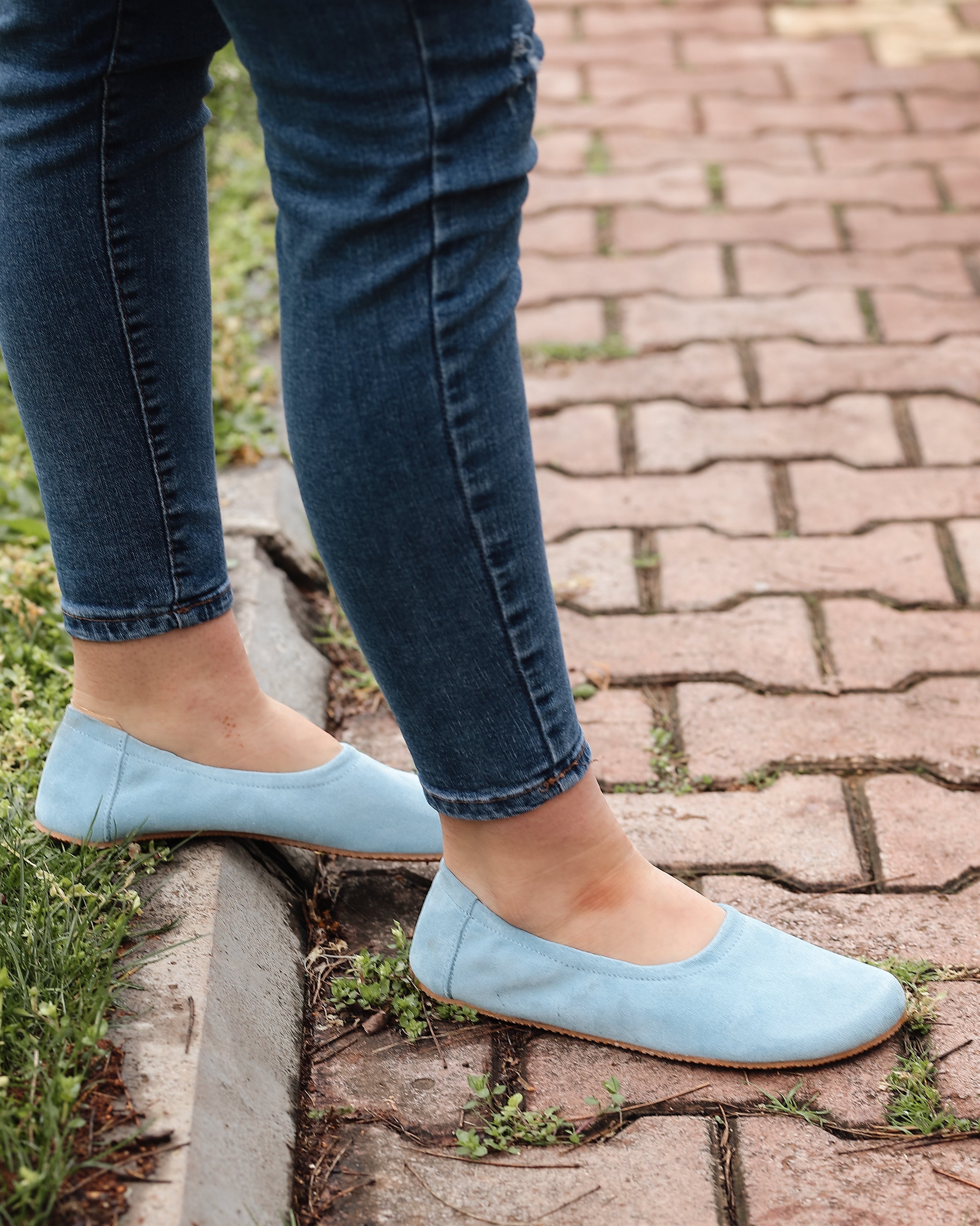 Baby Blue Women Flat Ballets Wide Barefoot Suede Leather Handmade Women Flat Ballets