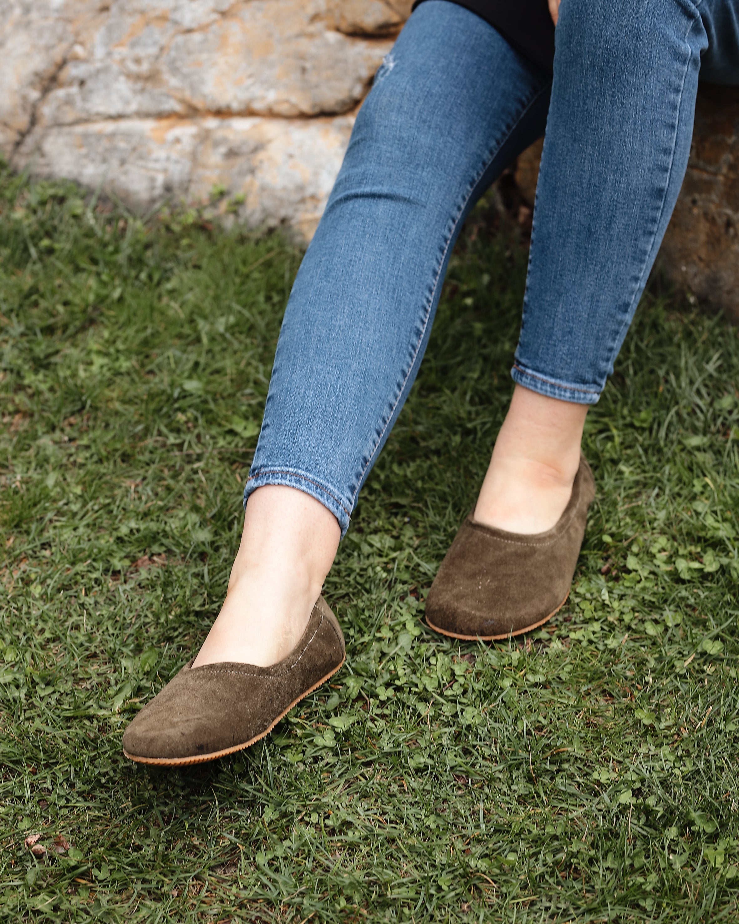 Green Women Flat Ballets Wide Barefoot Suede Leather Handmade Women Flat Ballets