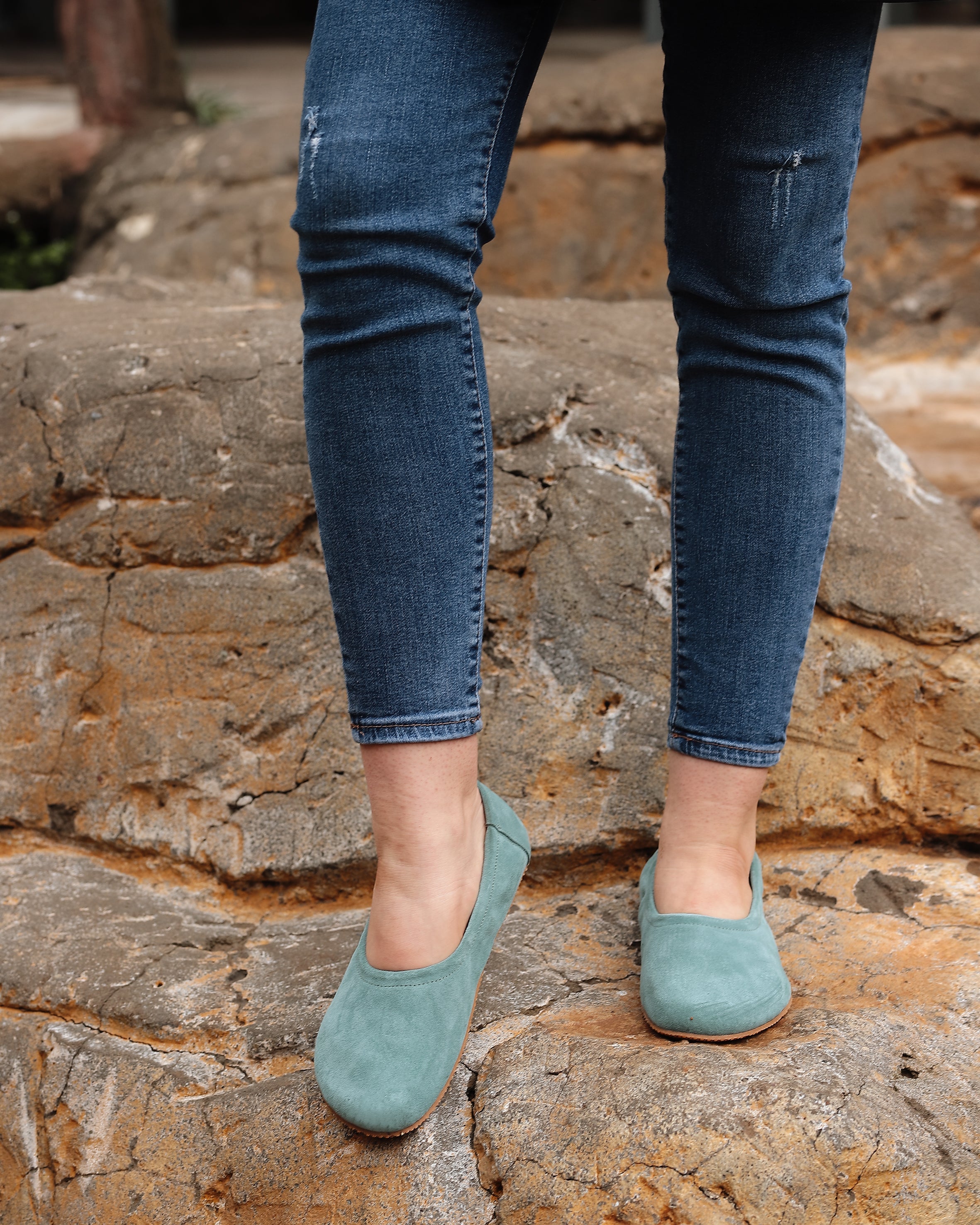 Sea Blue Women Flat Ballets Wide Barefoot Suede Leather Handmade Women Flat Ballets