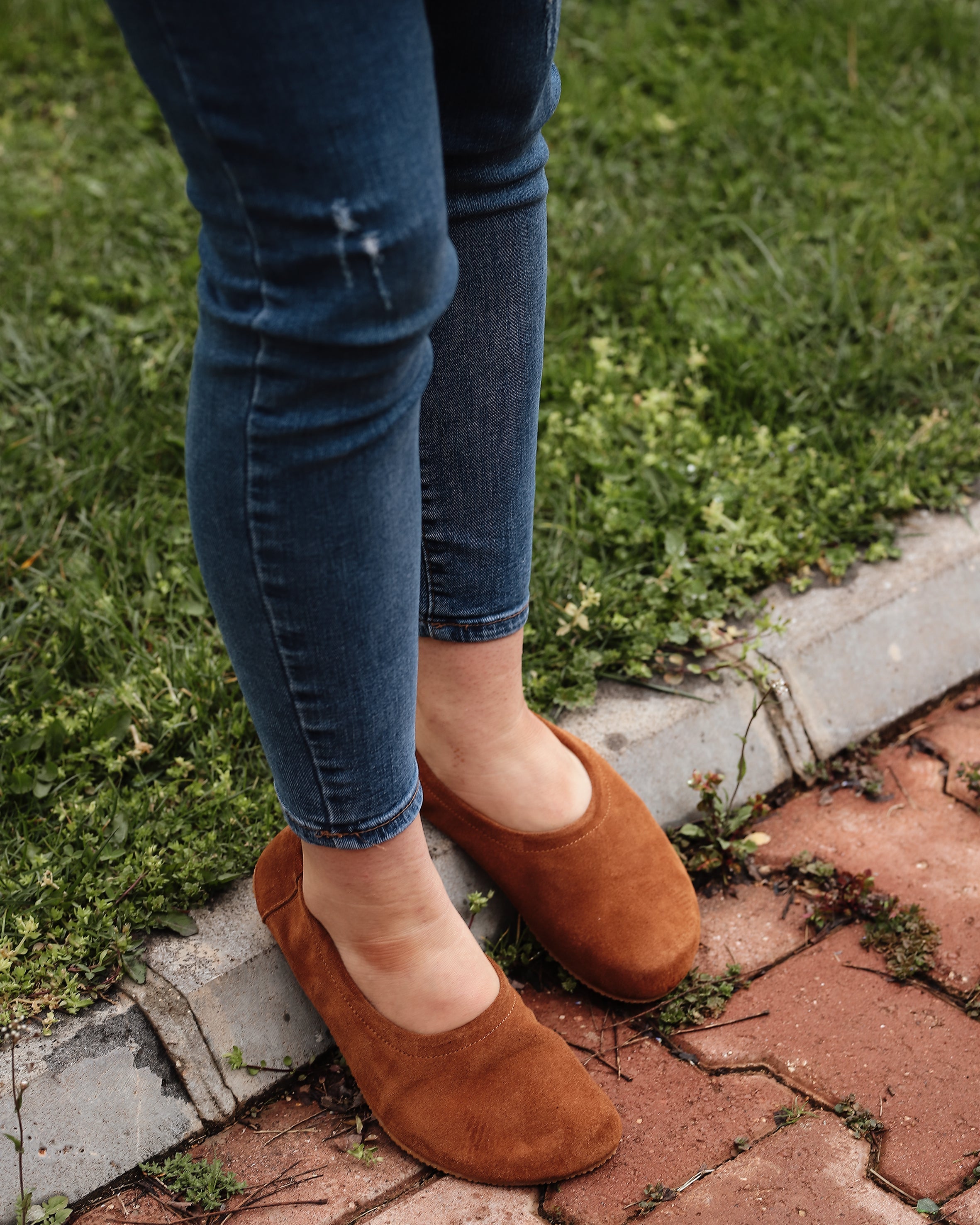 Tan Women Flat Ballets Wide Barefoot Suede Leather Handmade Women Flat Ballets