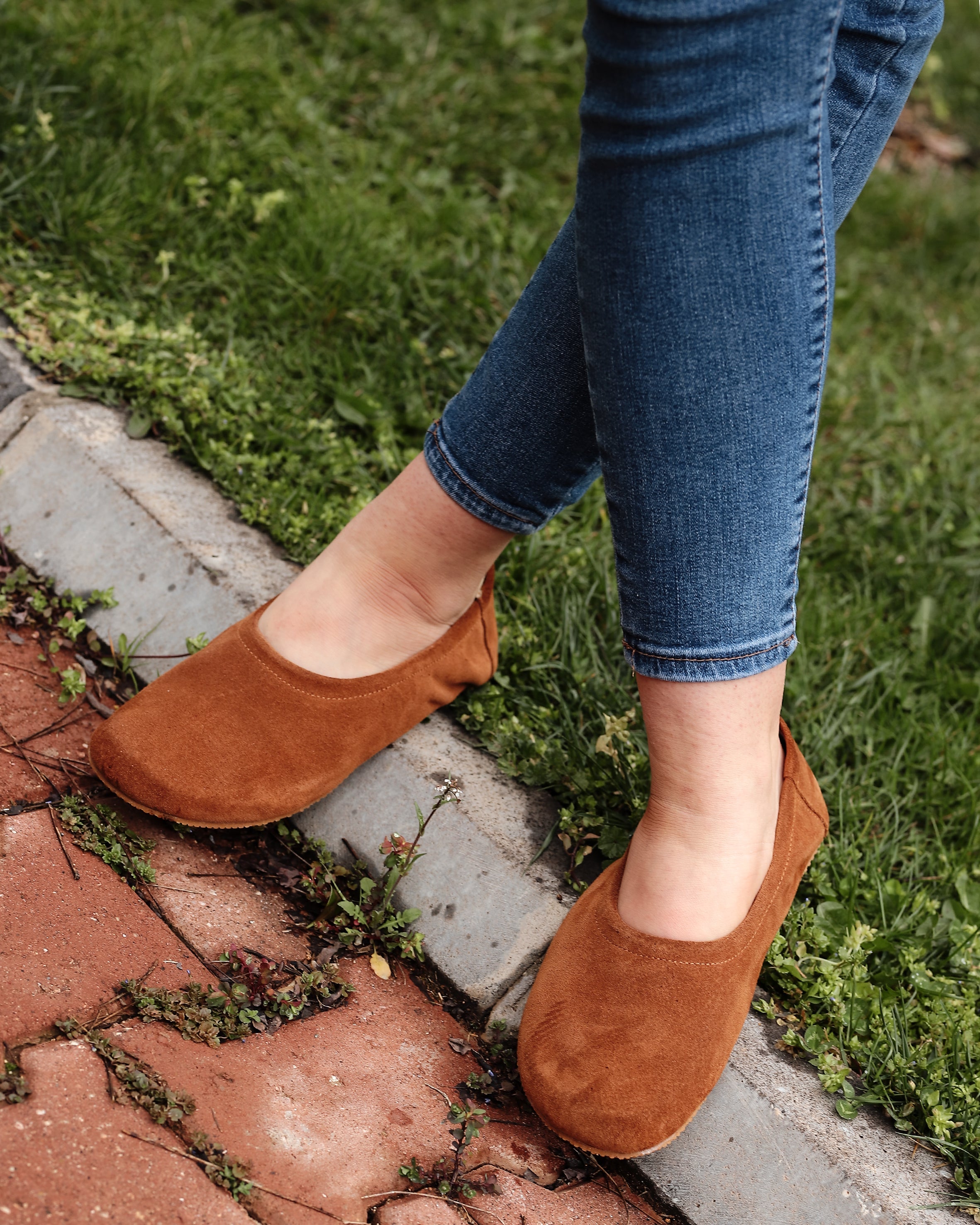 Tan Women Flat Ballets Wide Barefoot Suede Leather Handmade Women Flat Ballets