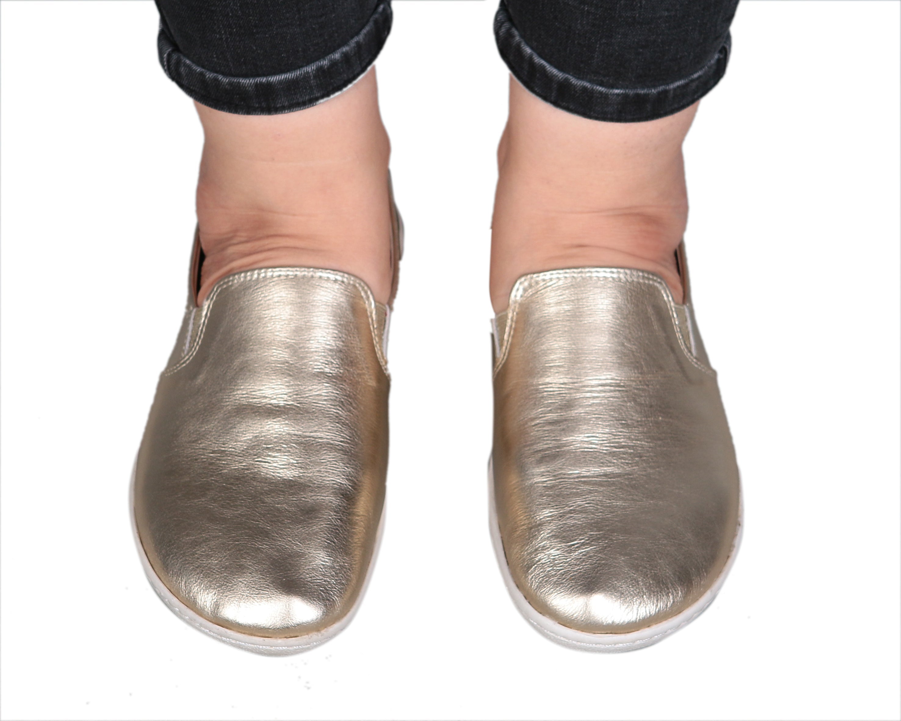 Gold Slip-On Wide Barefoot Shoes Smooth Leather Handmade 6mm Rubber Outsole