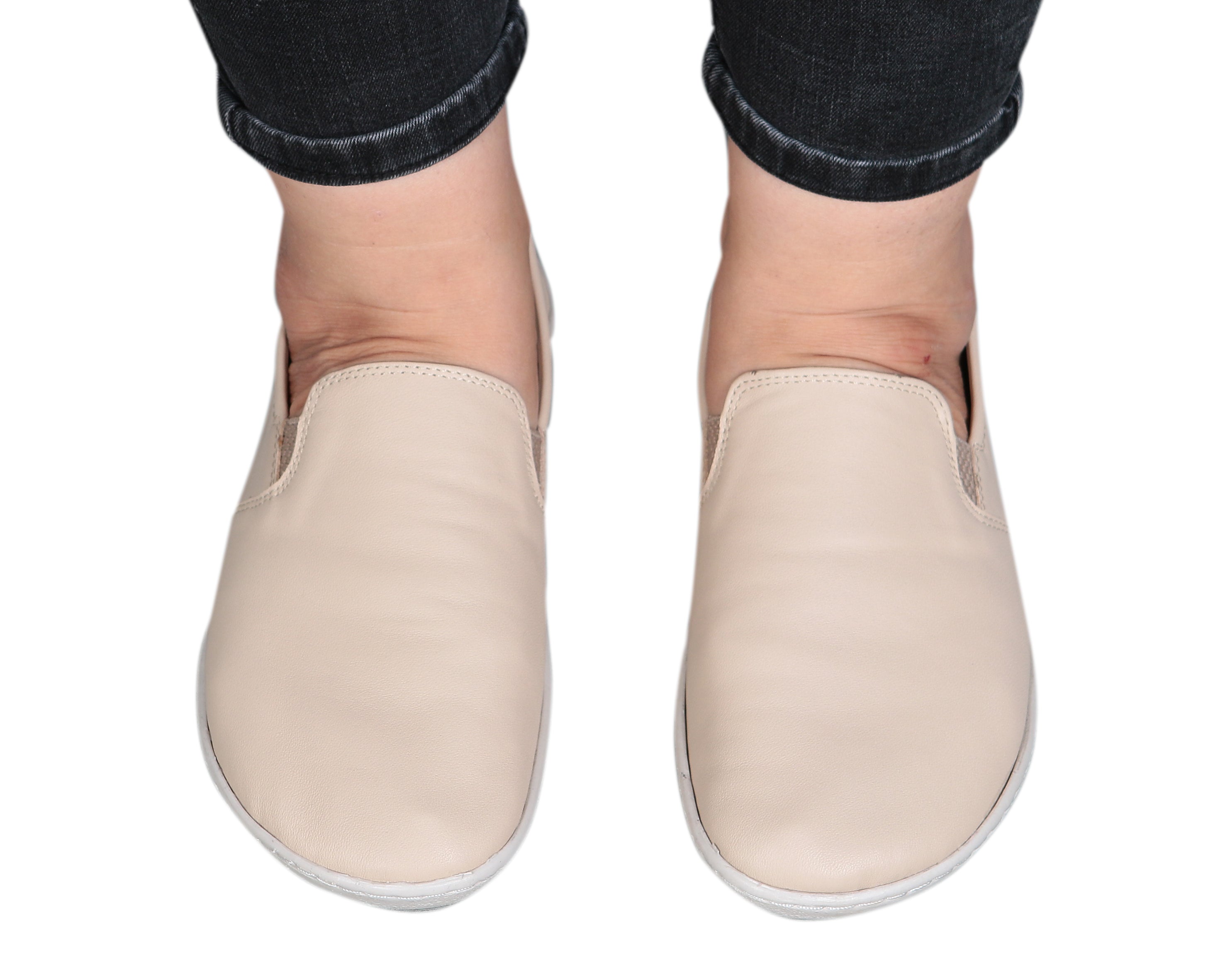 Cream Slip-On Wide Barefoot Shoes Smooth Leather Handmade 6mm Rubber Outsole