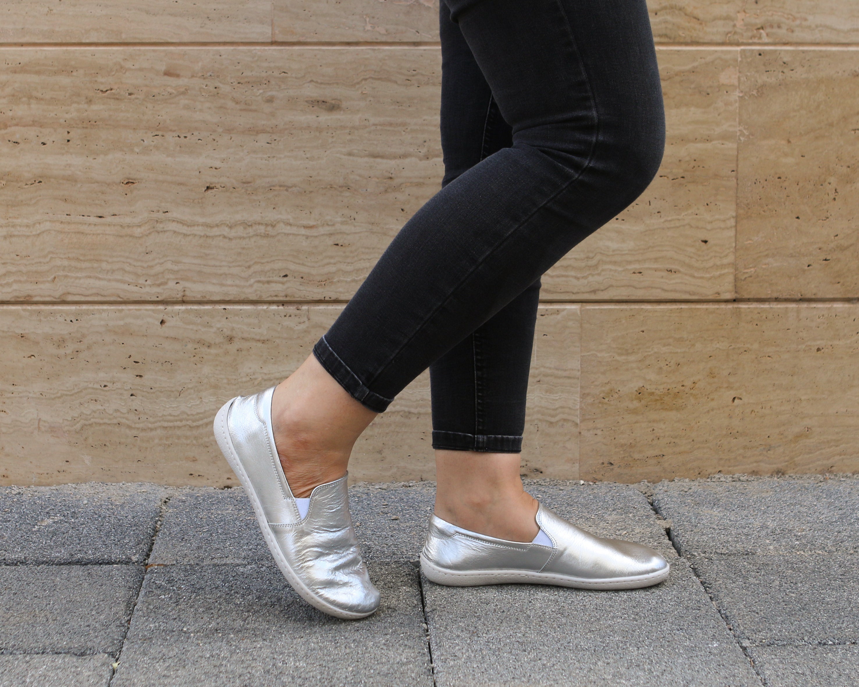 Sılver Slip-On Wide Barefoot Shoes Smooth Leather Handmade 6mm Rubber Outsole