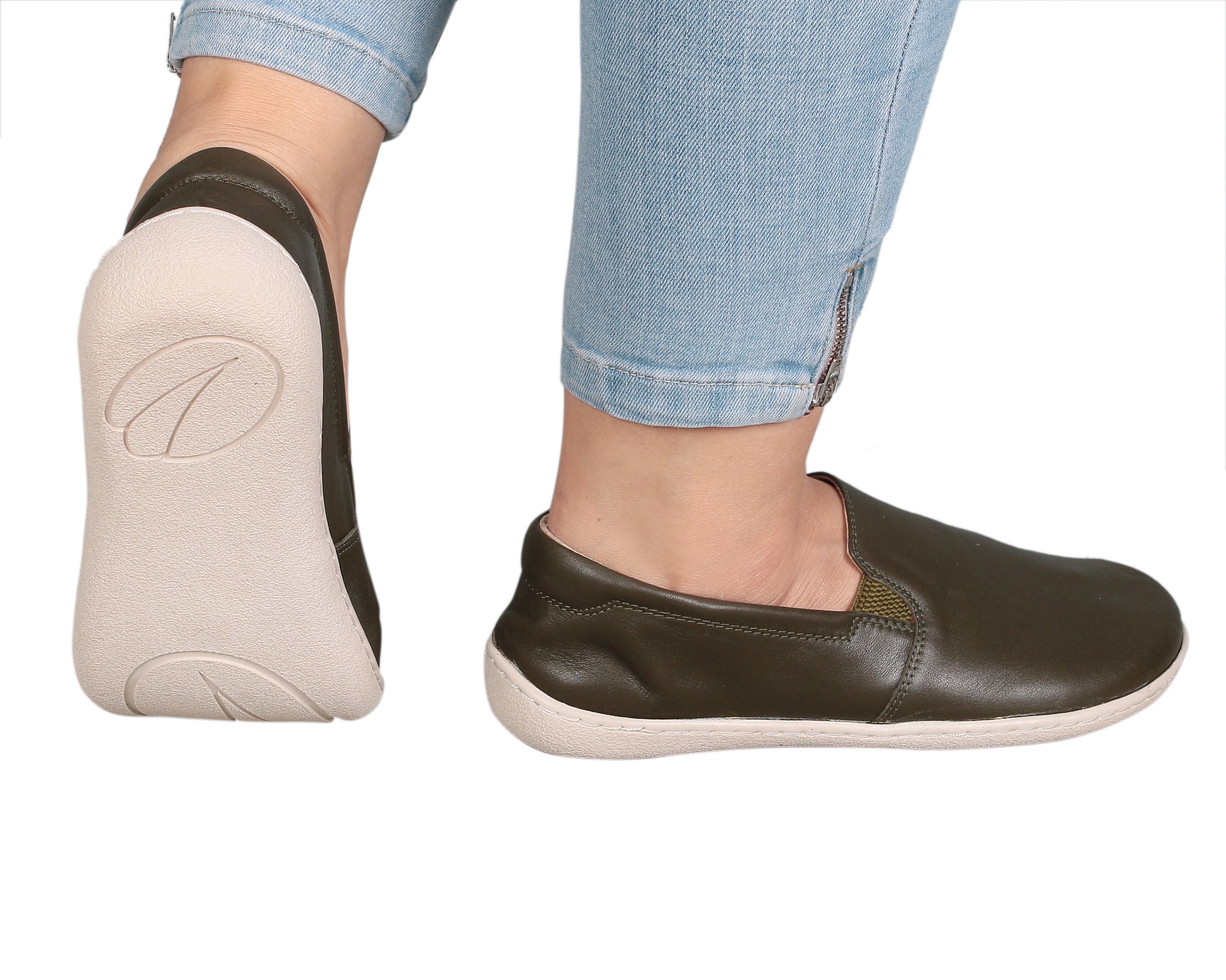 Green Slip-On Wide Barefoot Shoes Smooth Leather Handmade 6mm Rubber Outsole