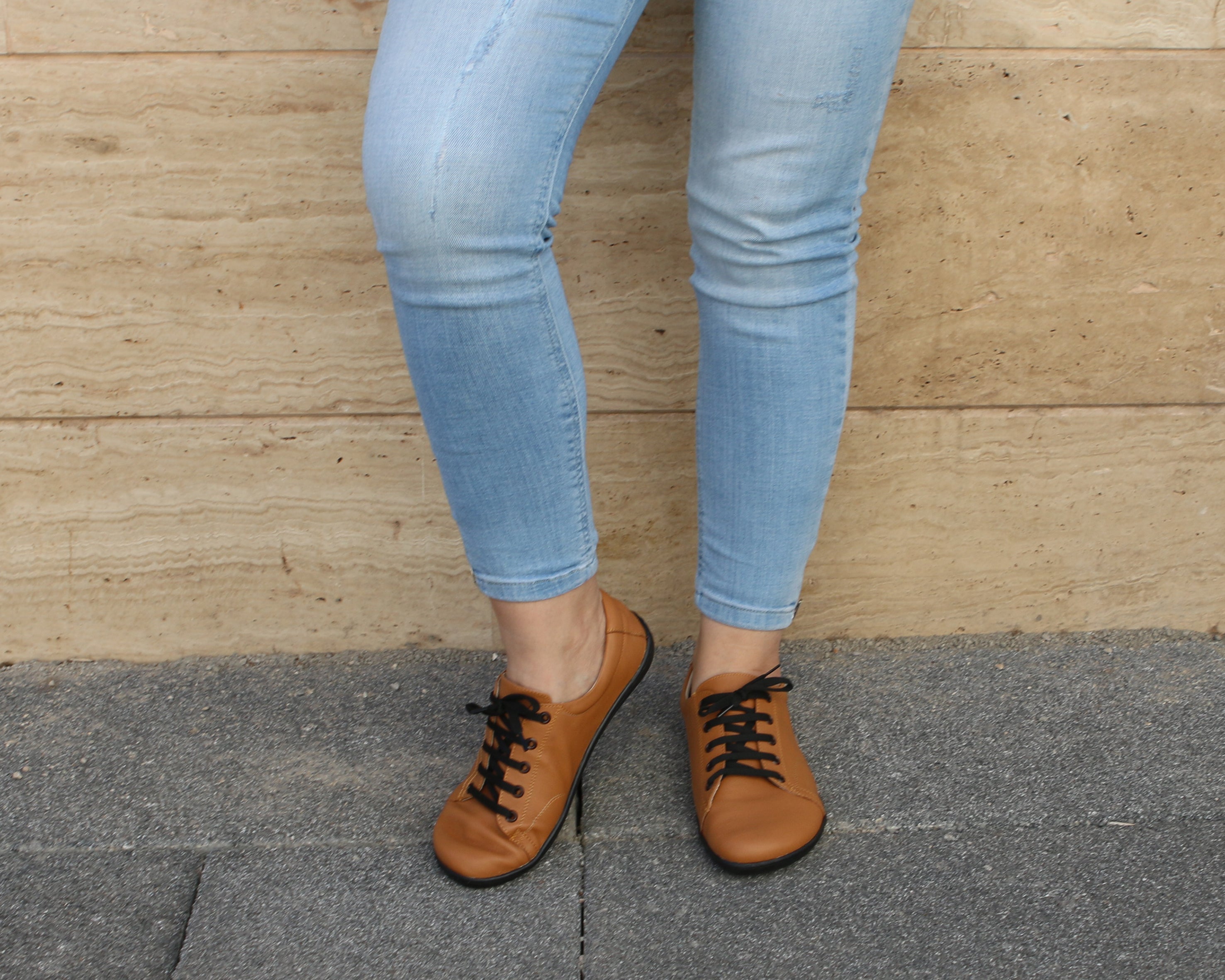 Tan SNEAKER Wide Barefoot Shoes Smooth Leather Handmade 6mm Rubber Outsole