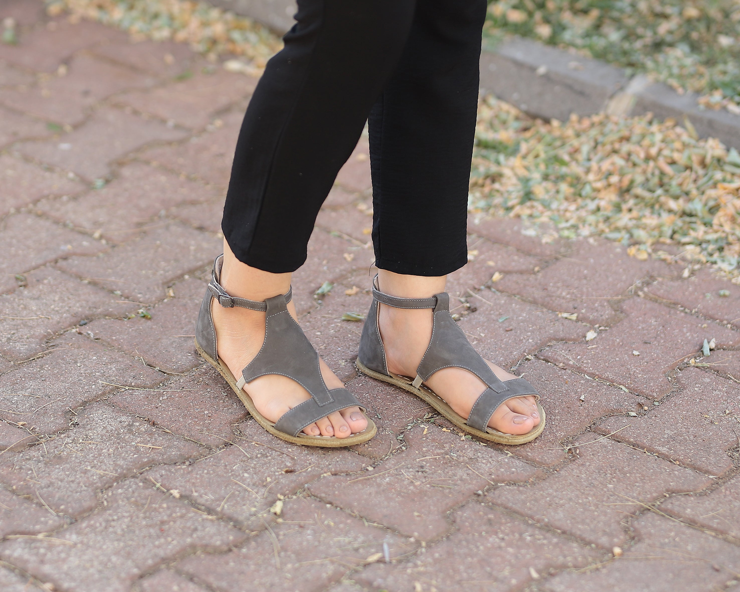 Gray Women Buckle Slipper Wide Barefoot Nubuck Leather Handmade