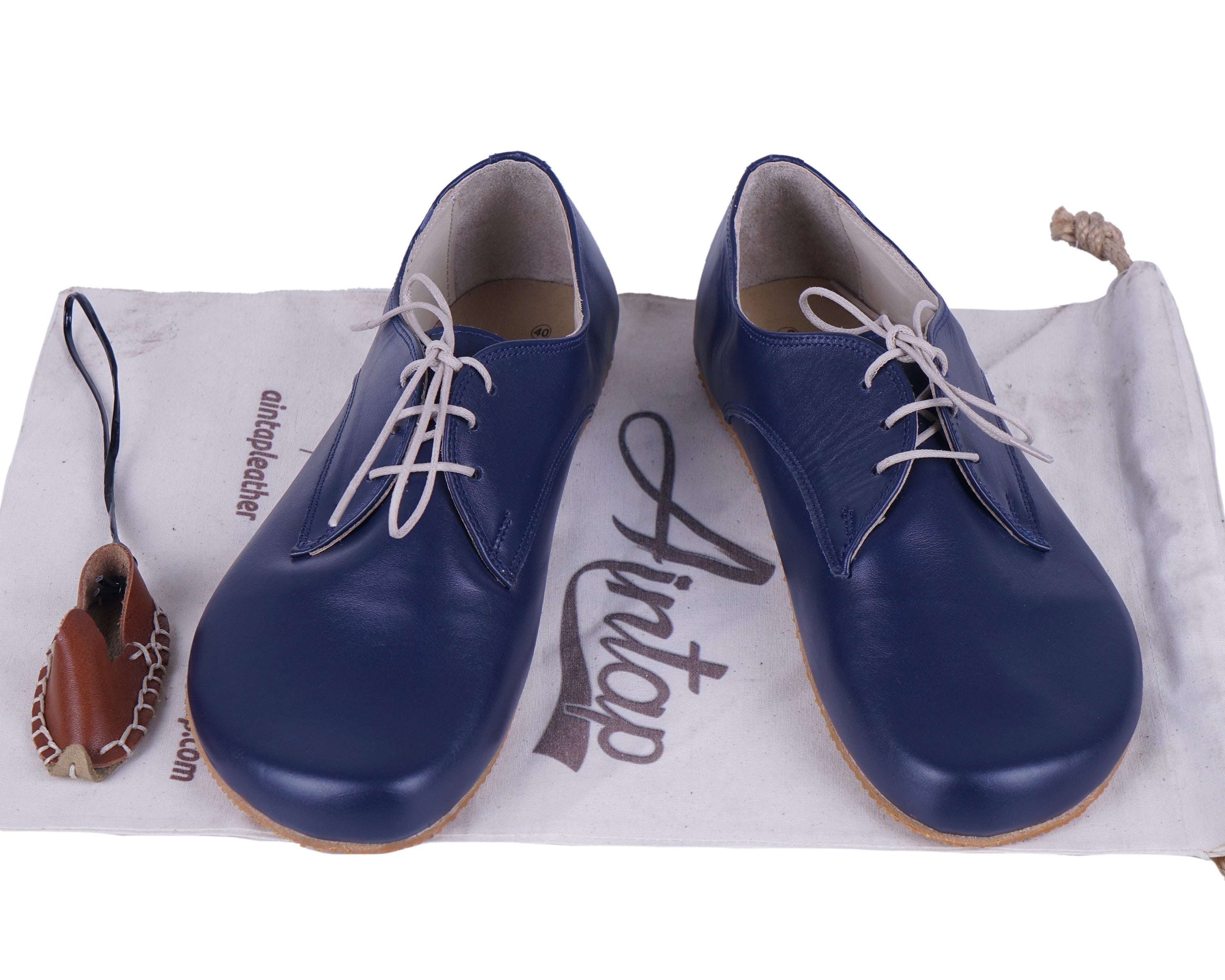 Navy Blue Oxford Wide Barefoot Shoes Smooth Leather Handmade 4mm Rubber Outsole