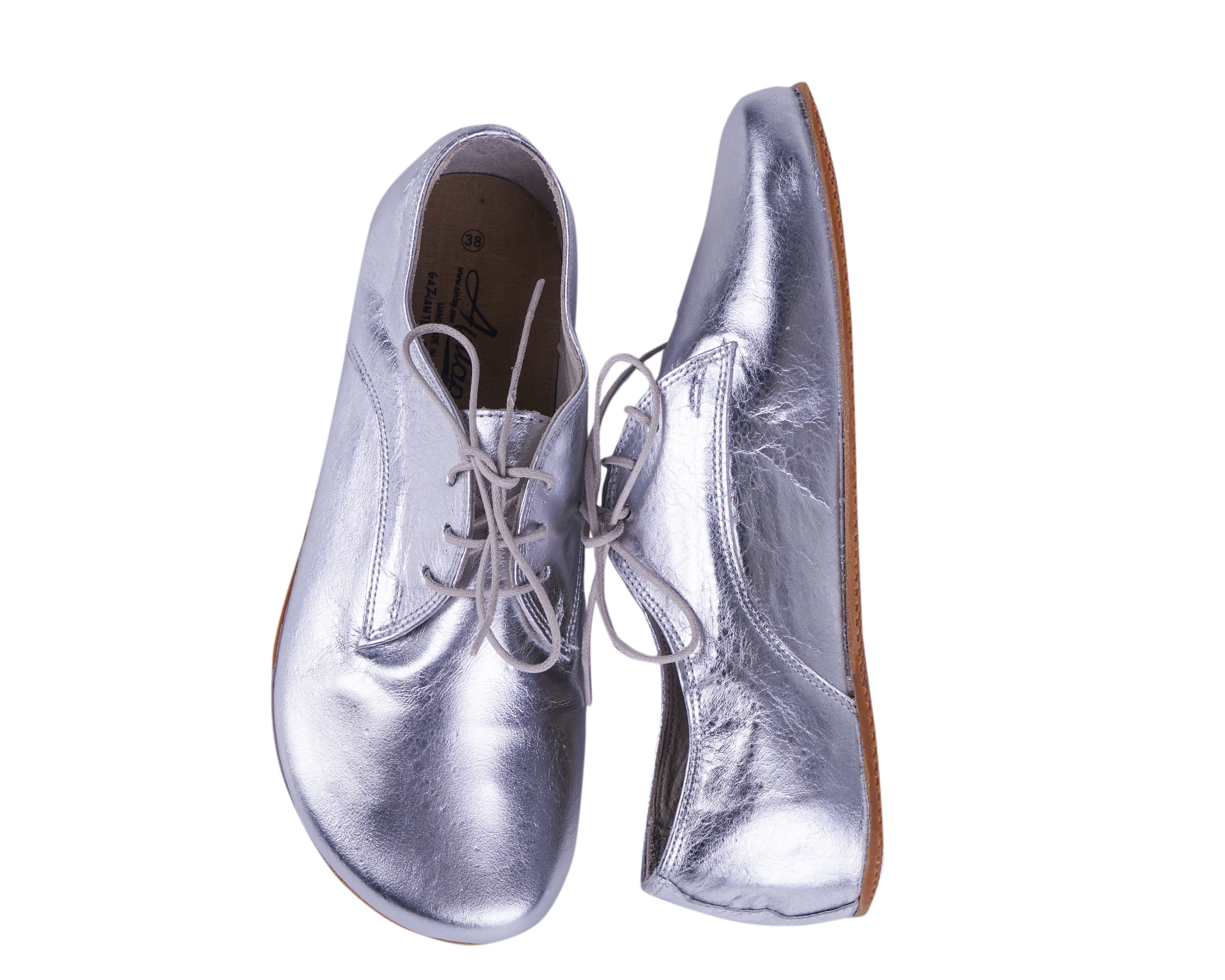 Sılver Oxford Wide Barefoot Shoes Smooth Leather Handmade 4mm Rubber Outsole
