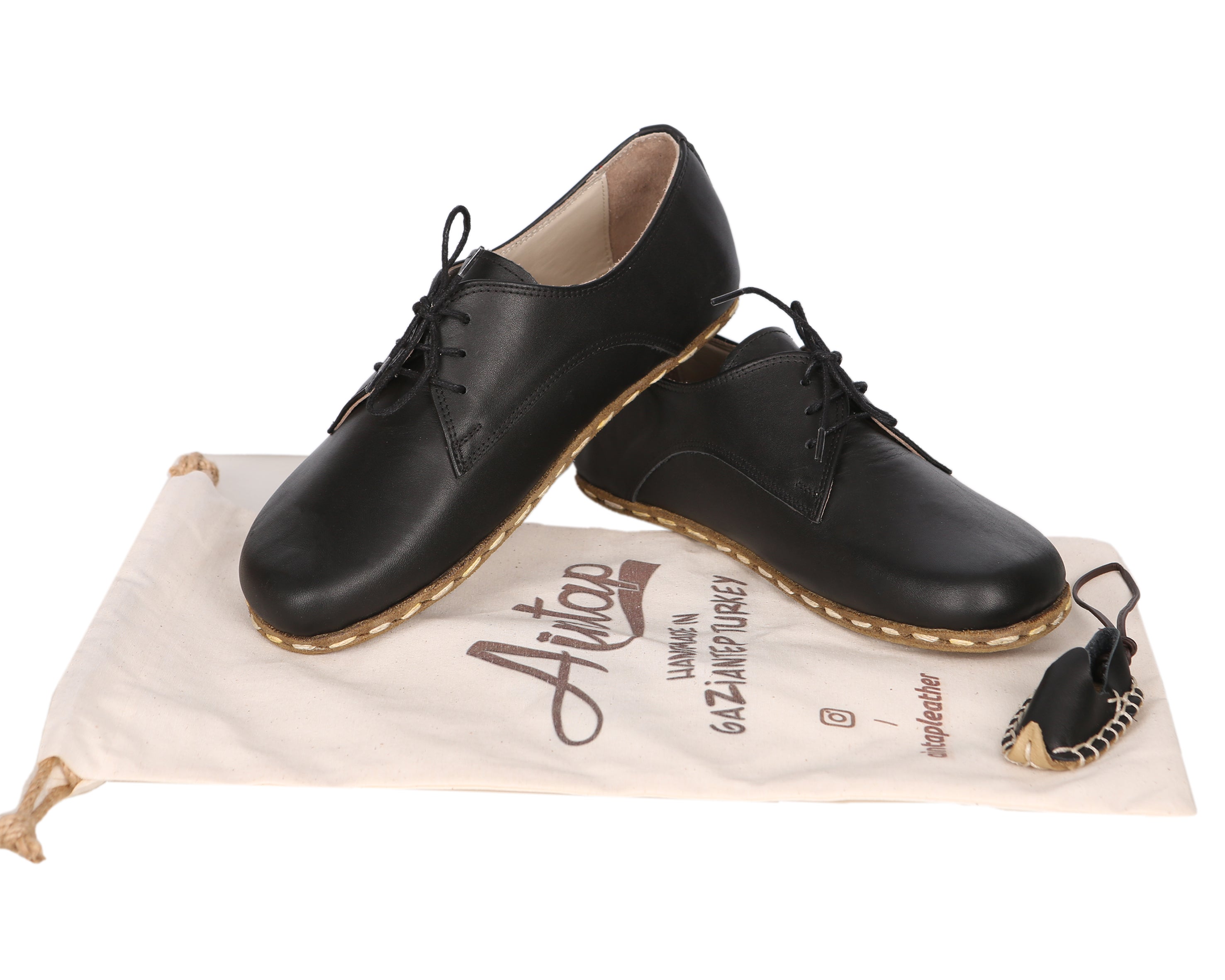 Black Oxford Wide Barefoot Smooth Leather Handmade Sport Shoes Oxford Leather Outsole