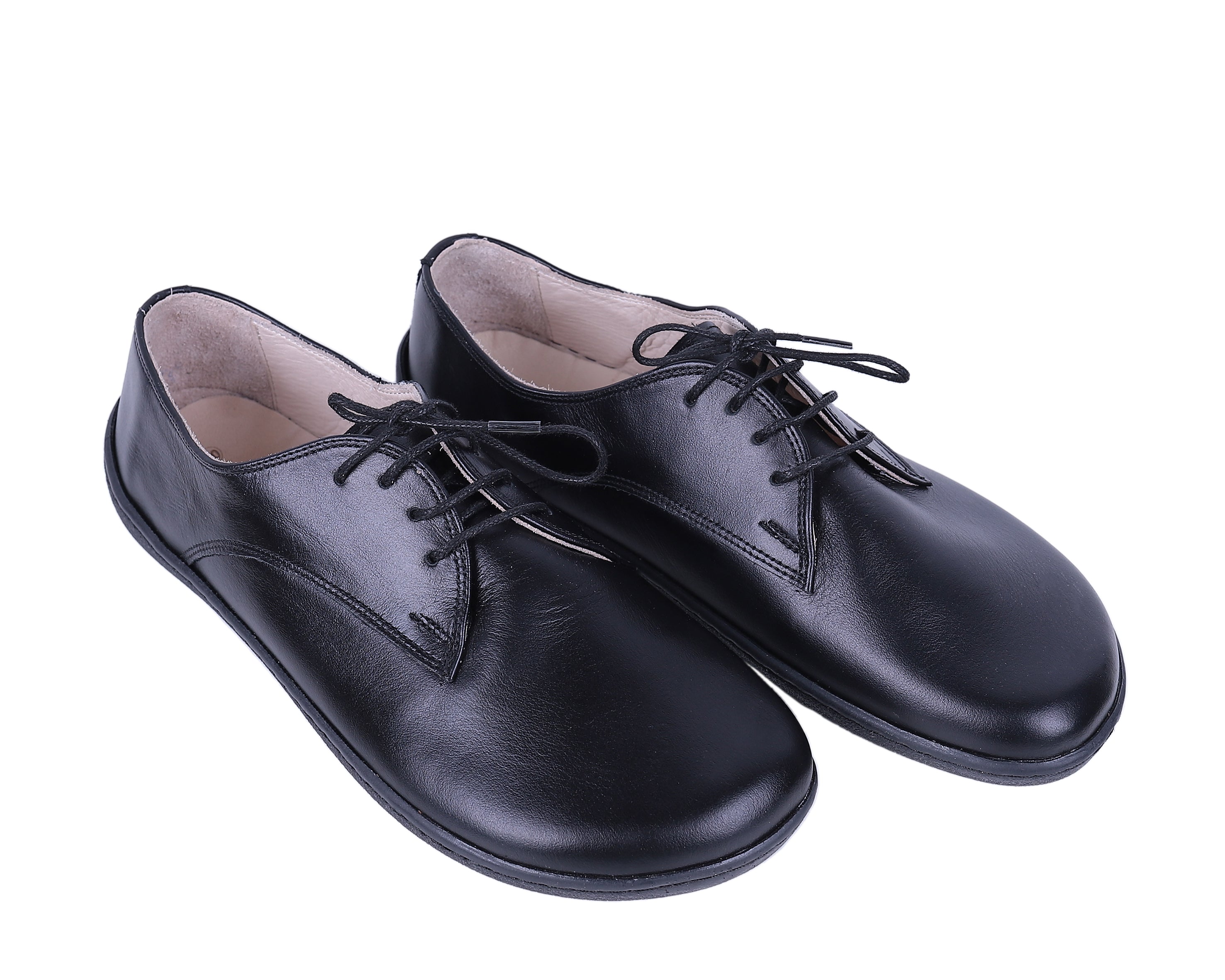 Black Oxford Wide Barefoot Shoes Smooth Leather Handmade 6mm Rubber Outsole Oxford Rubber Outsole