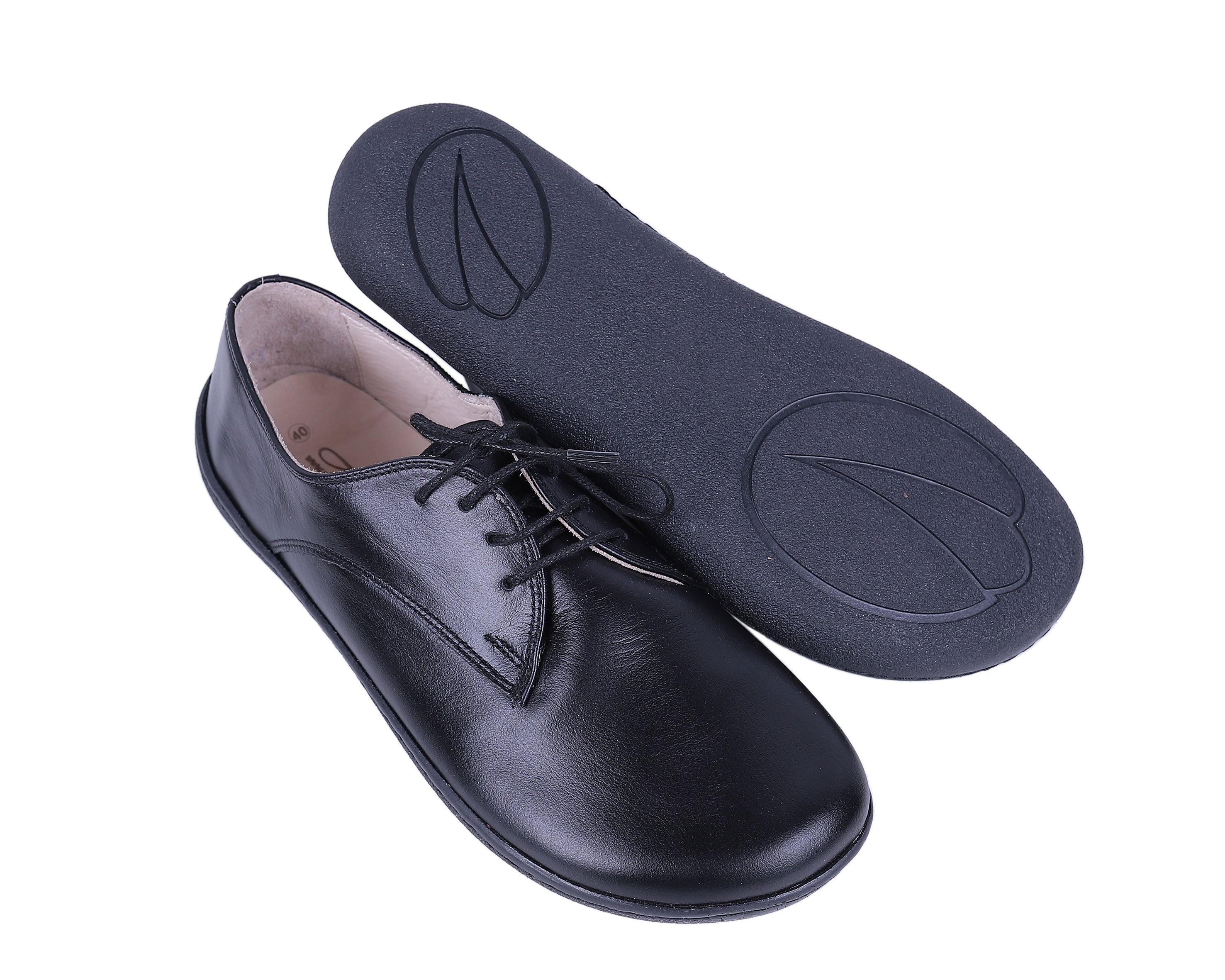 Black Oxford Wide Barefoot Shoes Smooth Leather Handmade 6mm Rubber Outsole Oxford Rubber Outsole