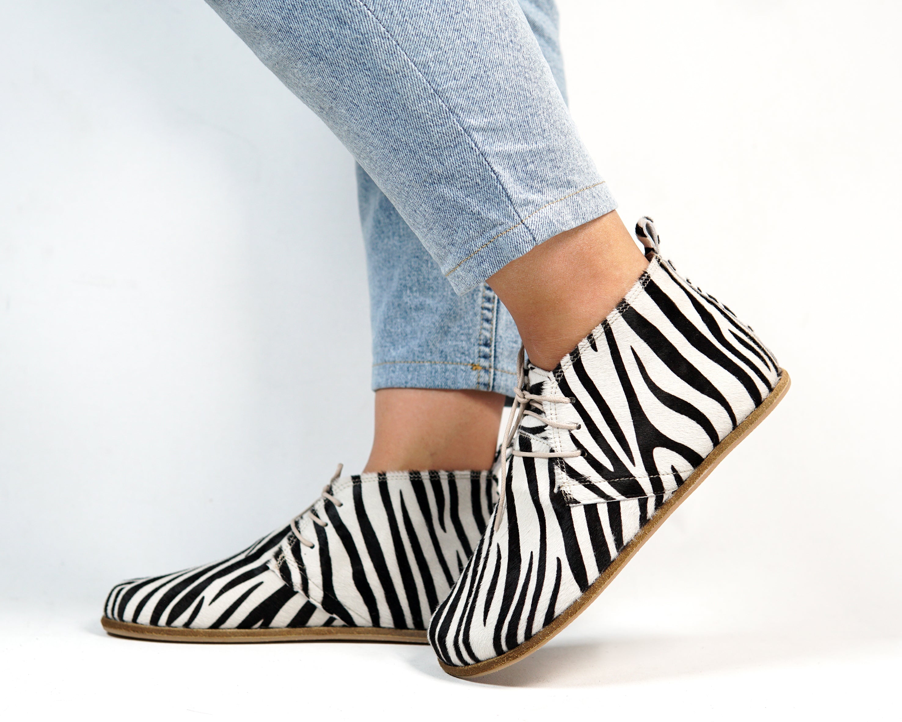Zebra Ankle Boots Wide Barefoot Smooth Leather Handmade Shoes 