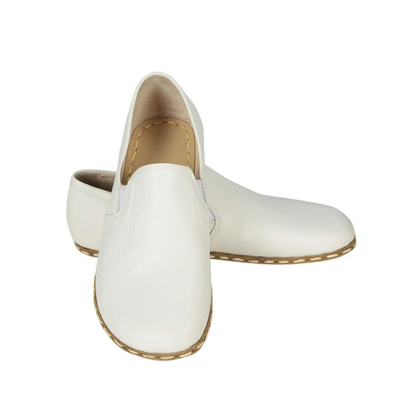 White Slip-On Wide Barefoot Smooth Leather Handmade Sport Shoes 