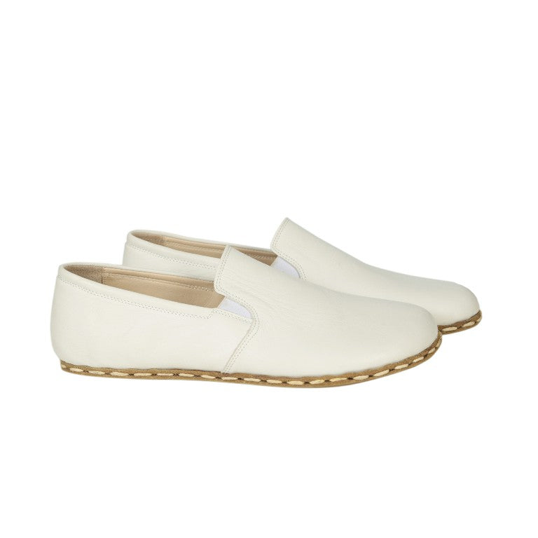 White Slip-On Wide Barefoot Smooth Leather Handmade Sport Shoes 