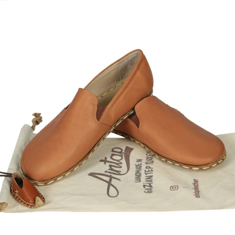 Tan Slip-On Wide Barefoot Smooth Leather Handmade Sport Shoes 