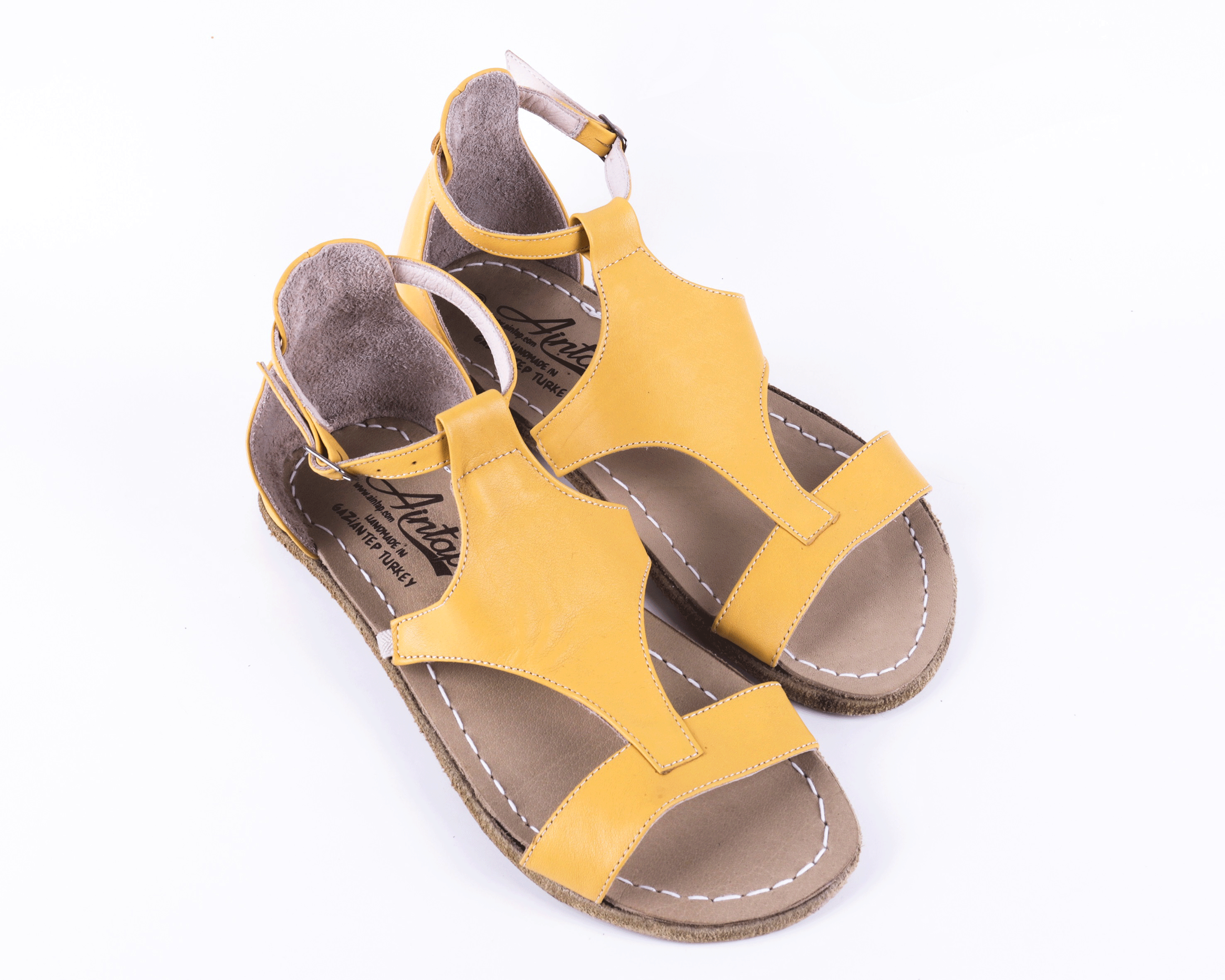 Yellow Women Buckle Slipper Wide Barefoot Smooth Leather Handmade 