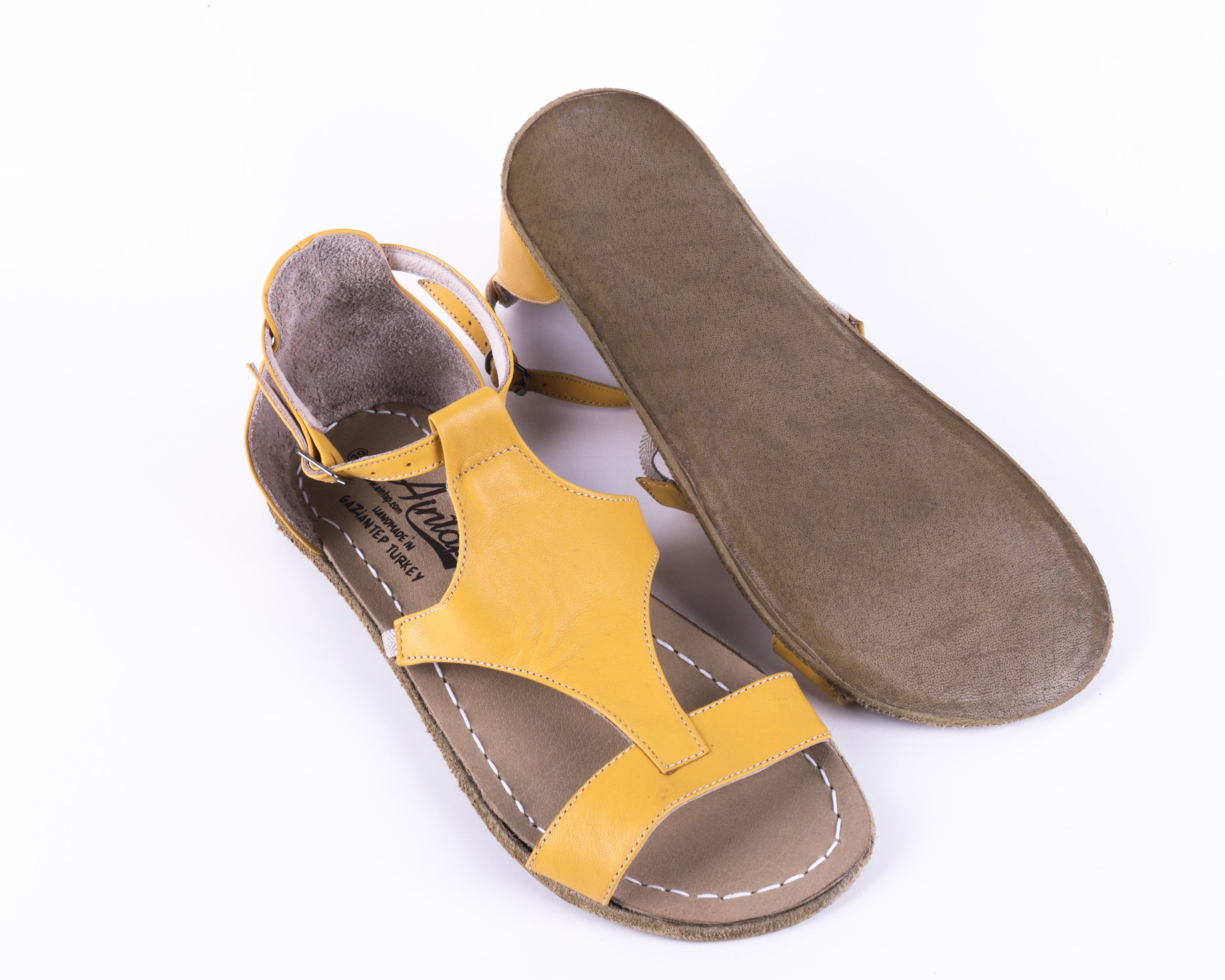 Yellow Women Buckle Slipper Wide Barefoot Smooth Leather Handmade 