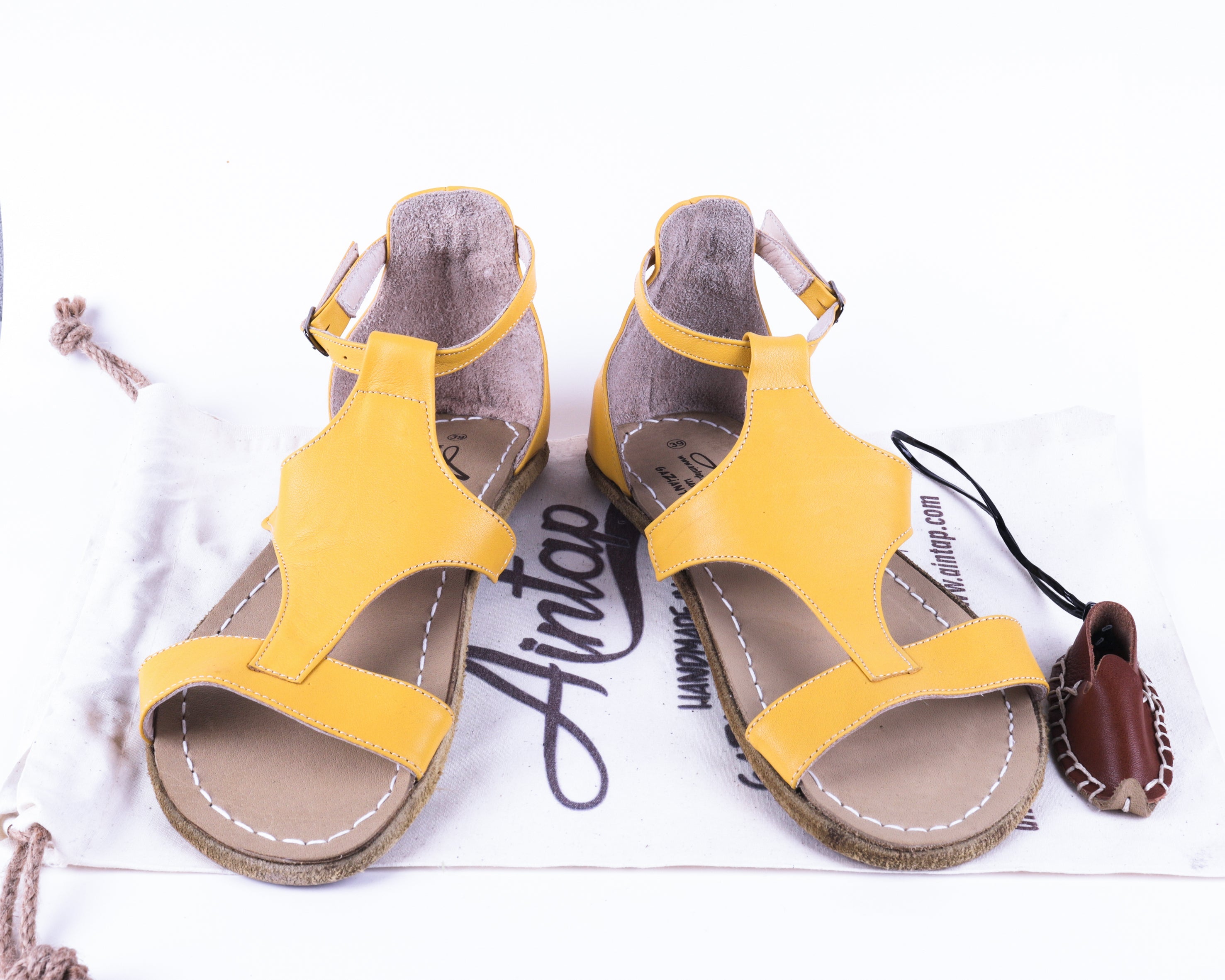 Yellow Women Buckle Slipper Wide Barefoot Smooth Leather Handmade 