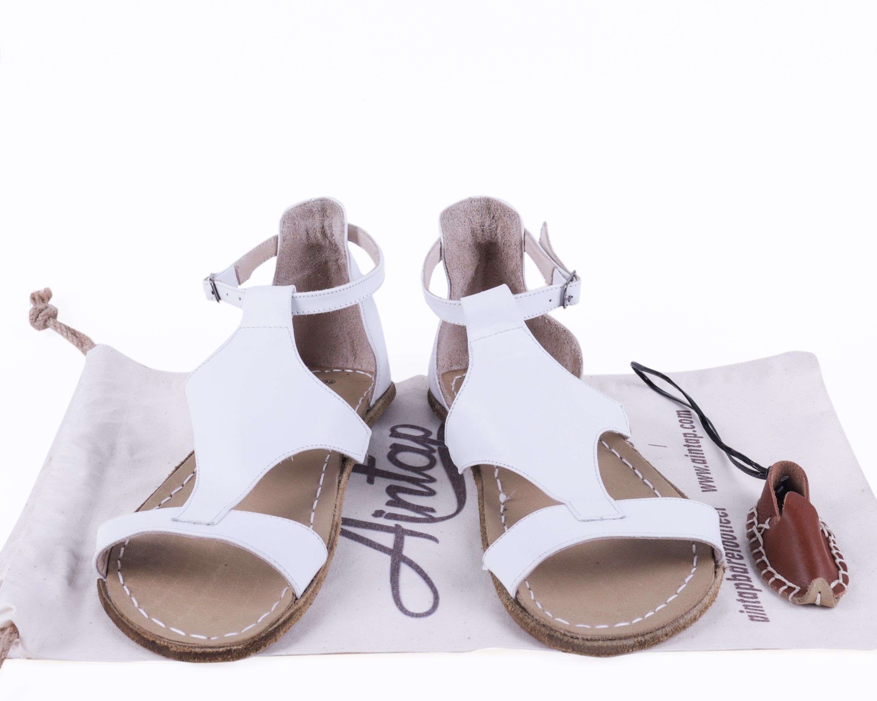 White Women Buckle Slipper Wide Barefoot Smooth Leather Handmade 