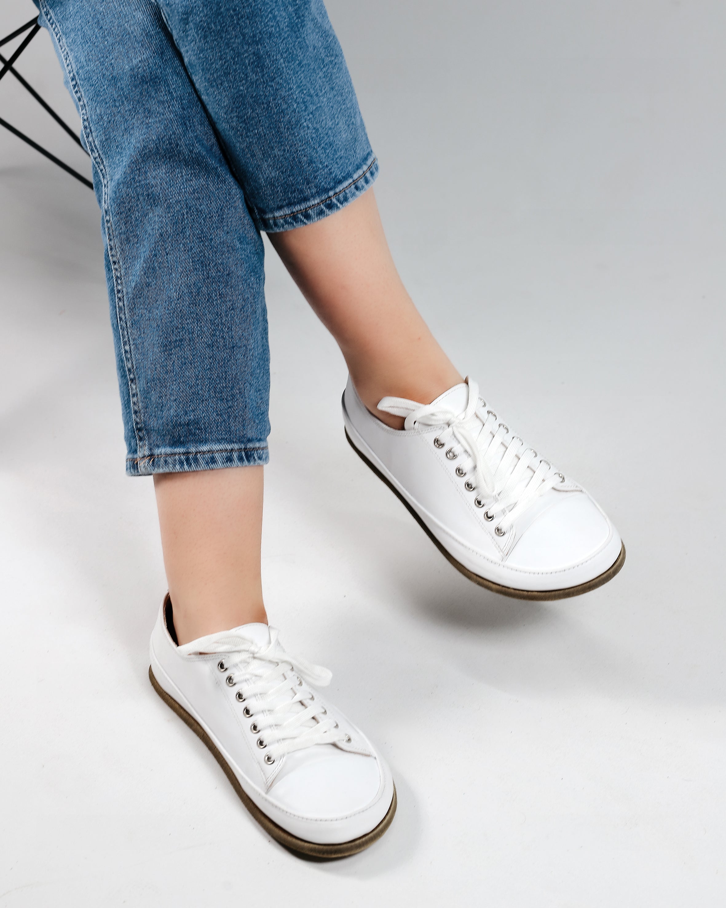 White Converse Style Wide Barefoot Smooth Leather Handmade Shoes 