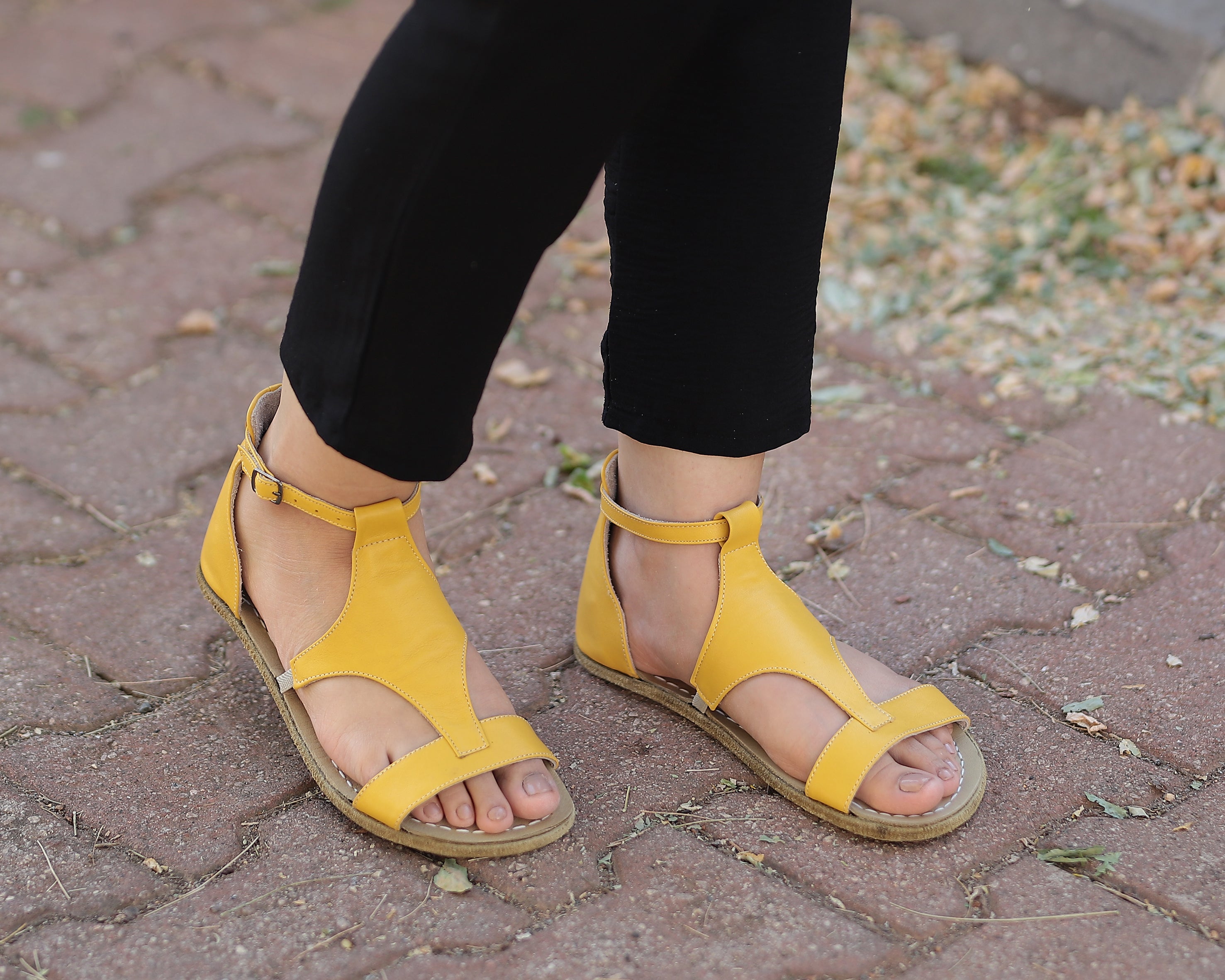 Yellow Women Buckle Slipper Wide Barefoot Smooth Leather Handmade 