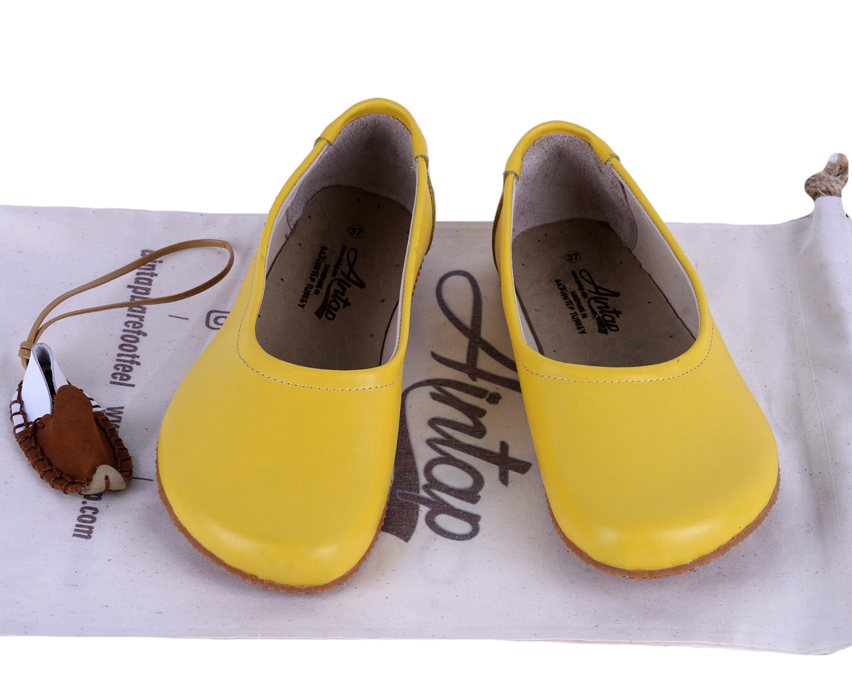 Yellow Women Flat Ballets Wide Barefoot Smooth Leather Handmade 