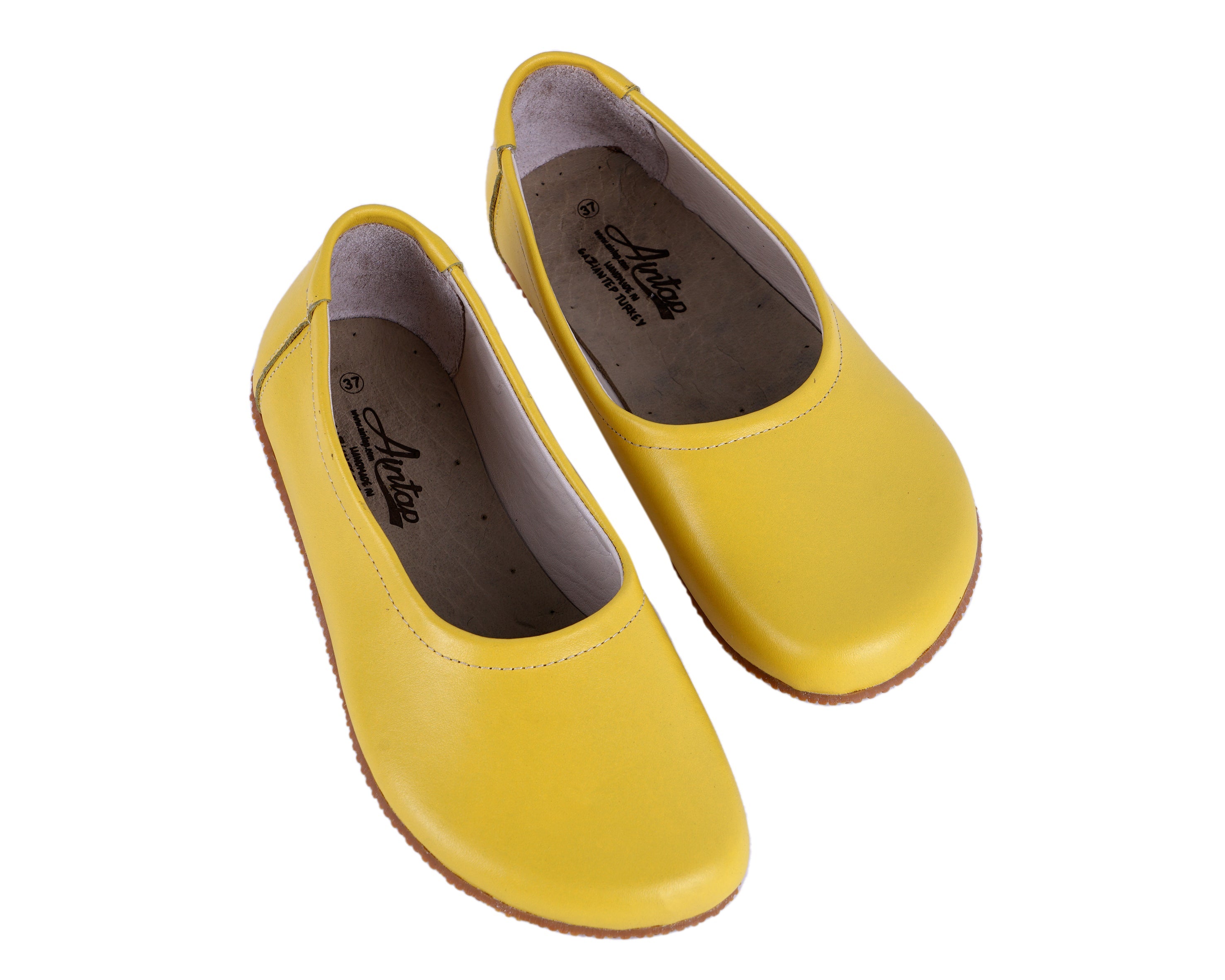 Yellow Women Flat Ballets Wide Barefoot Smooth Leather Handmade 