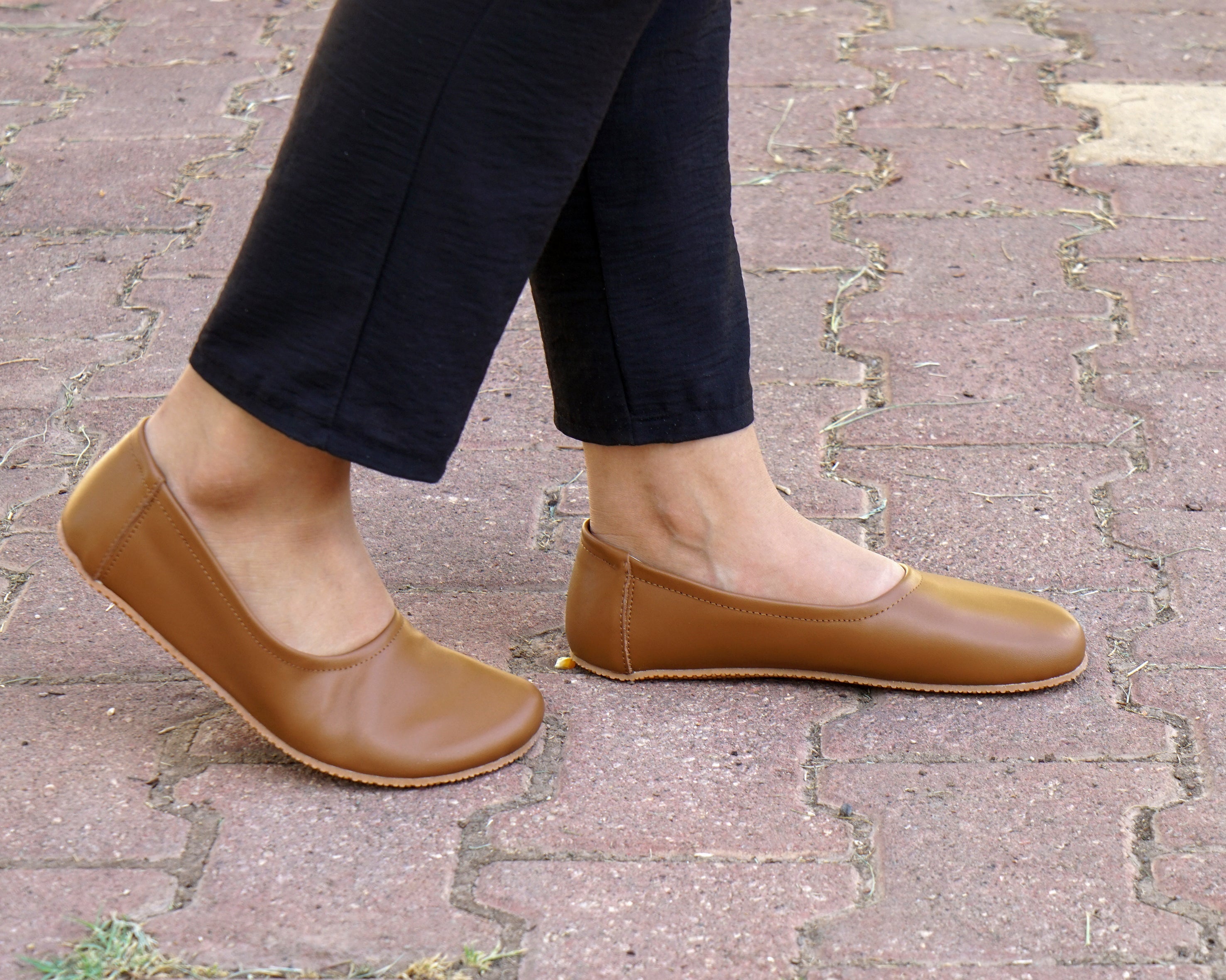Tan Women Flat Ballets Wide Barefoot Smooth Leather Handmade 