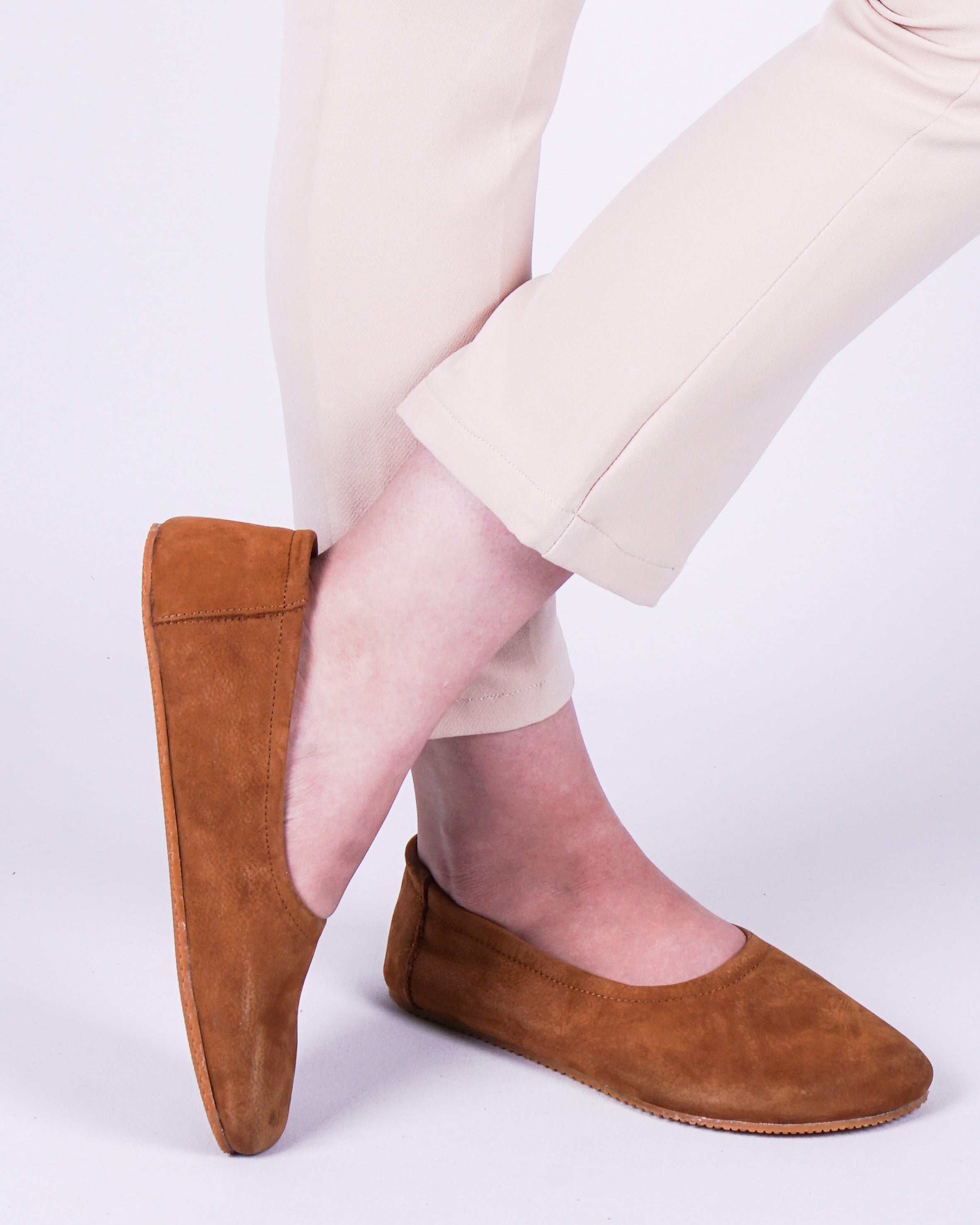 Tan Women Flat Ballets Wide Barefoot Nubuck Leather Handmade 