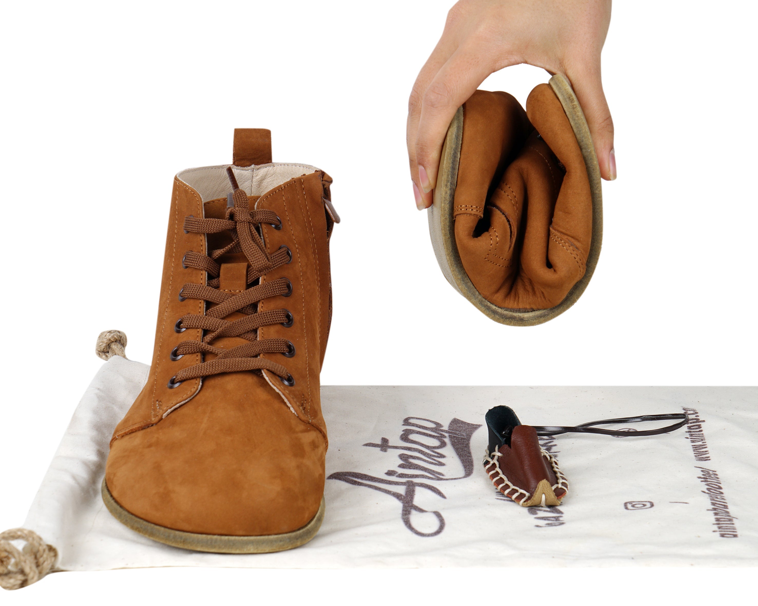 Tan Short Boots Wide Barefoot Nubuck Leather Handmade Shoes 