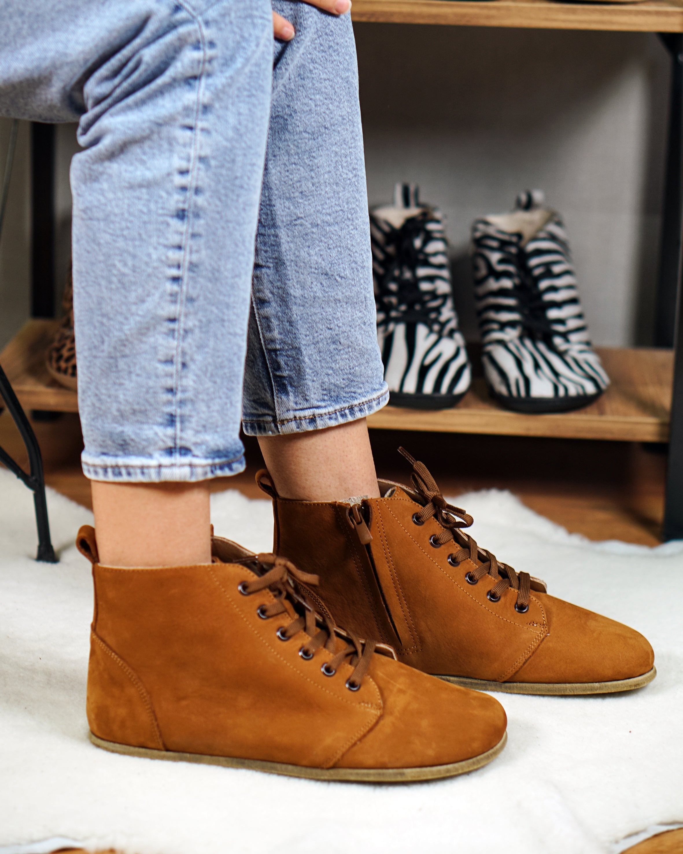 Tan Short Boots Wide Barefoot Nubuck Leather Handmade Shoes 