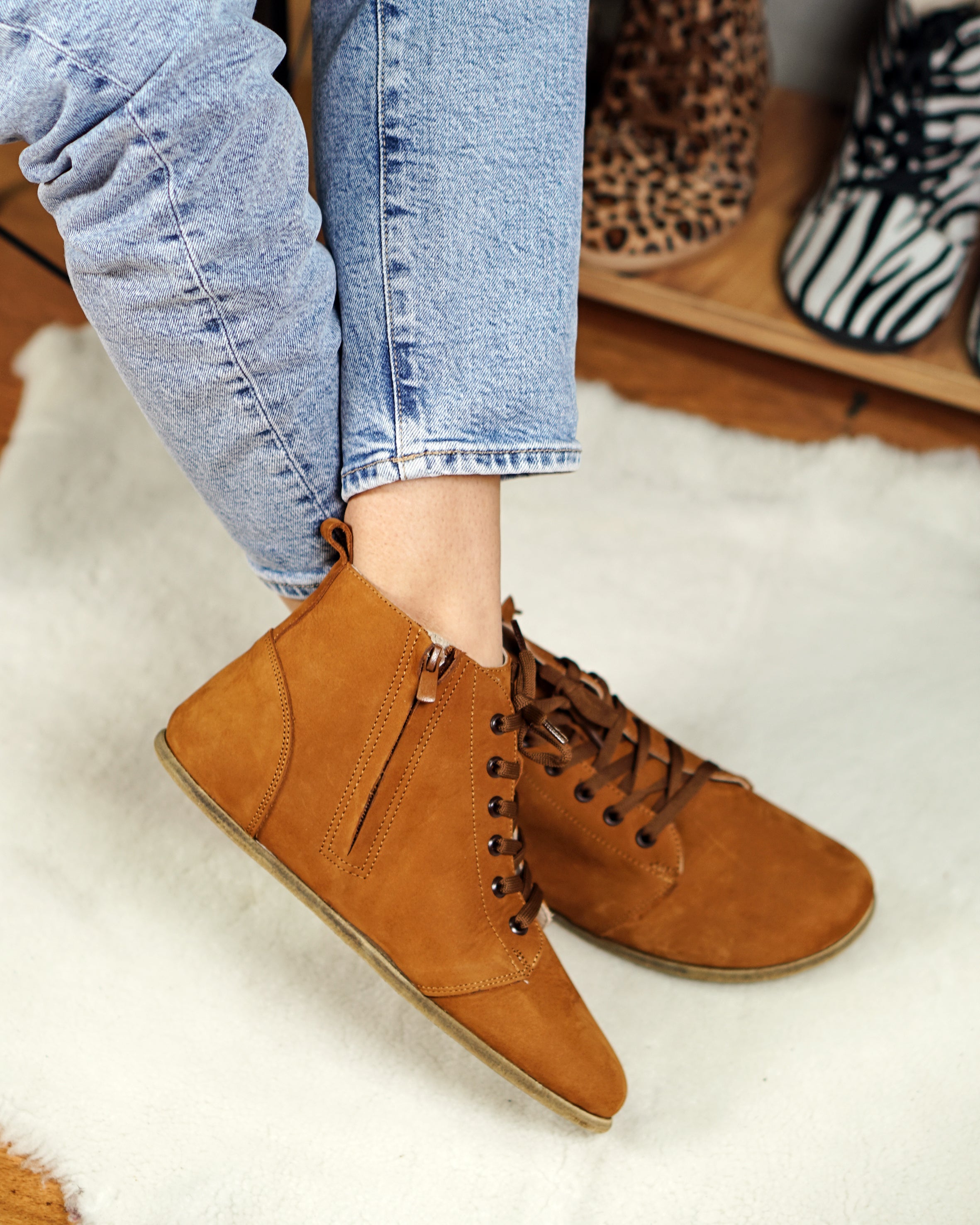 Tan Short Boots Wide Barefoot Nubuck Leather Handmade Shoes 