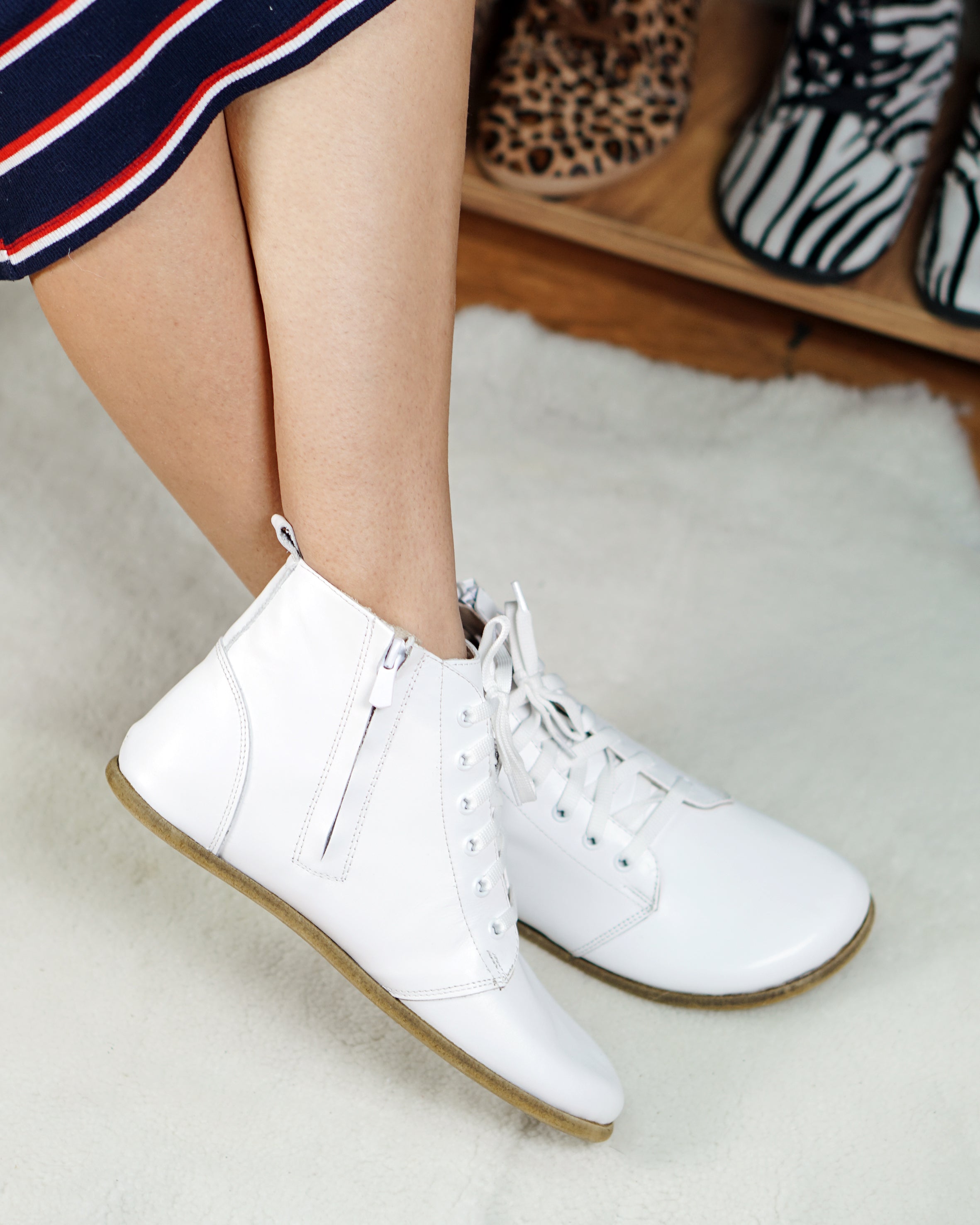 White Short Boots Wide Barefoot Smooth Leather Handmade Shoes 
