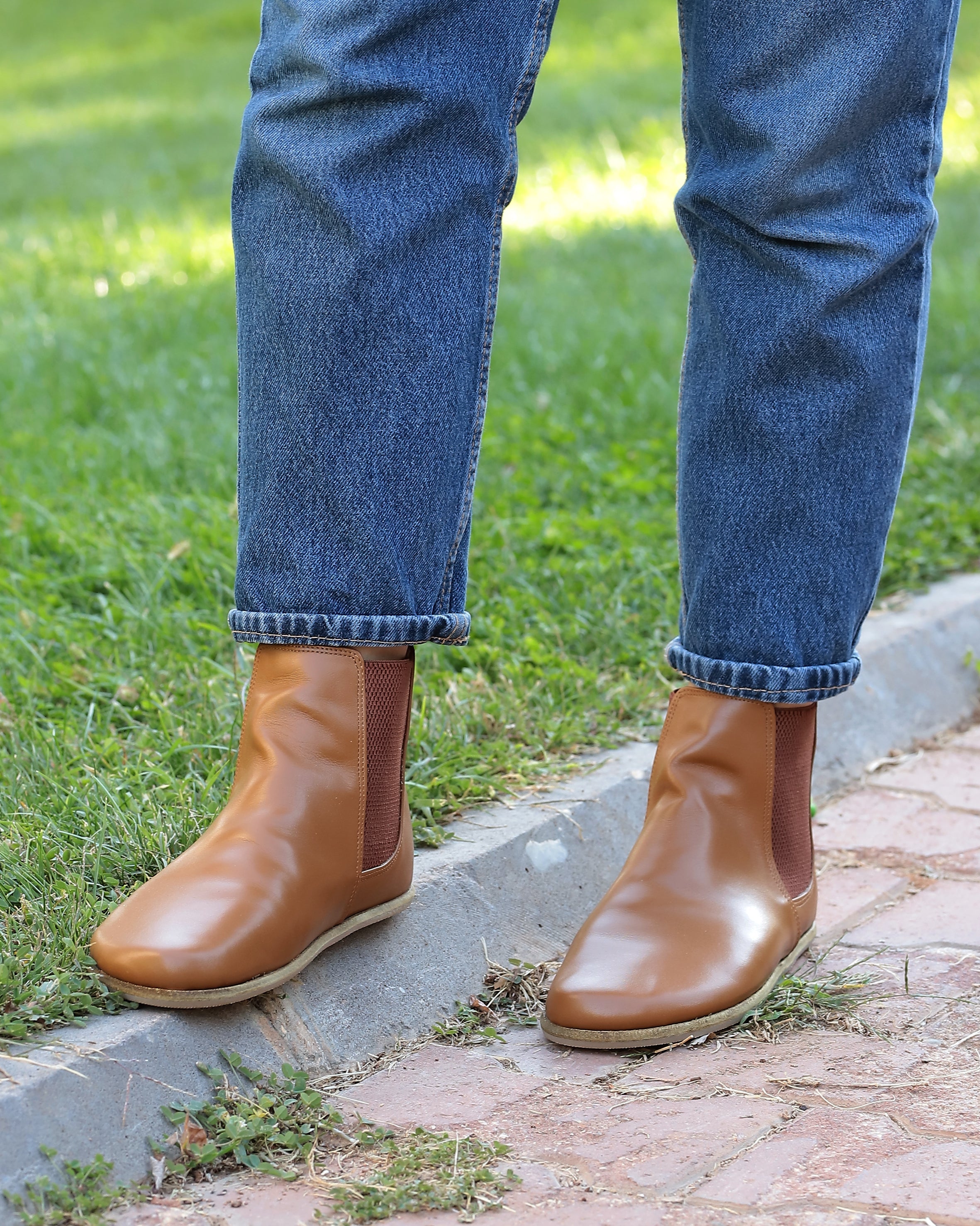 Tan Chelsea Boots Wide Barefoot Smooth Leather Handmade Shoes 