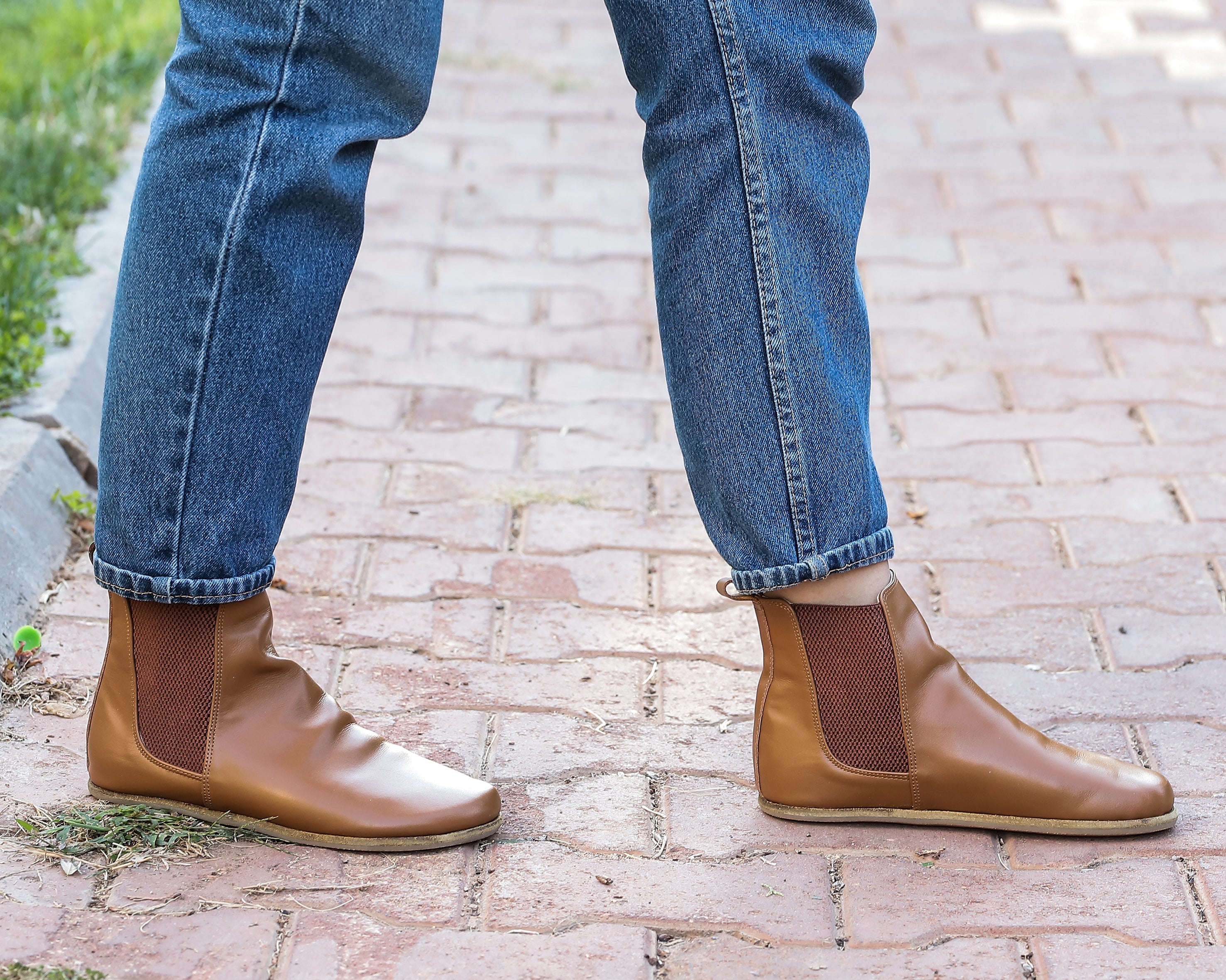 Tan Chelsea Boots Wide Barefoot Smooth Leather Handmade Shoes 
